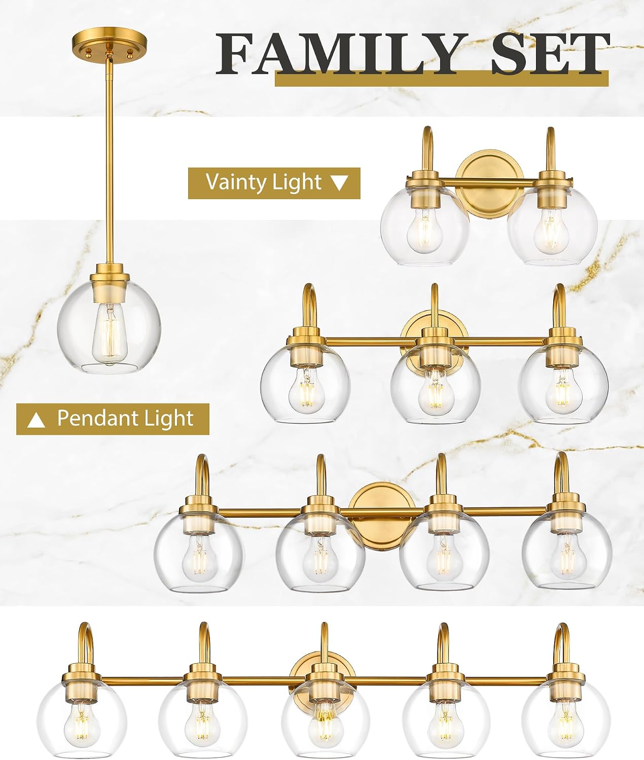 Bathroom Light Fixtures, 5-Light Brushed Gold Vanity Lights with Globe Clear Glass, 35 Inch Champagne Bronze Vanity Lighting Fixtures Over Mirror, AD-22280-5W-GD