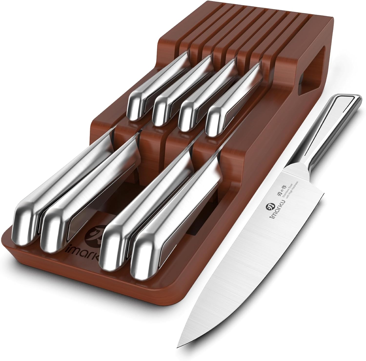 imarku Drawer Knife Set, 10 PCS Japanese Stainless Steel Knife Block Set, Kitchen Knife Sets with Wooden Drawer Organizer, Dishwasher Safe, Ultra Sharp Chef Knife, Gifts for Men