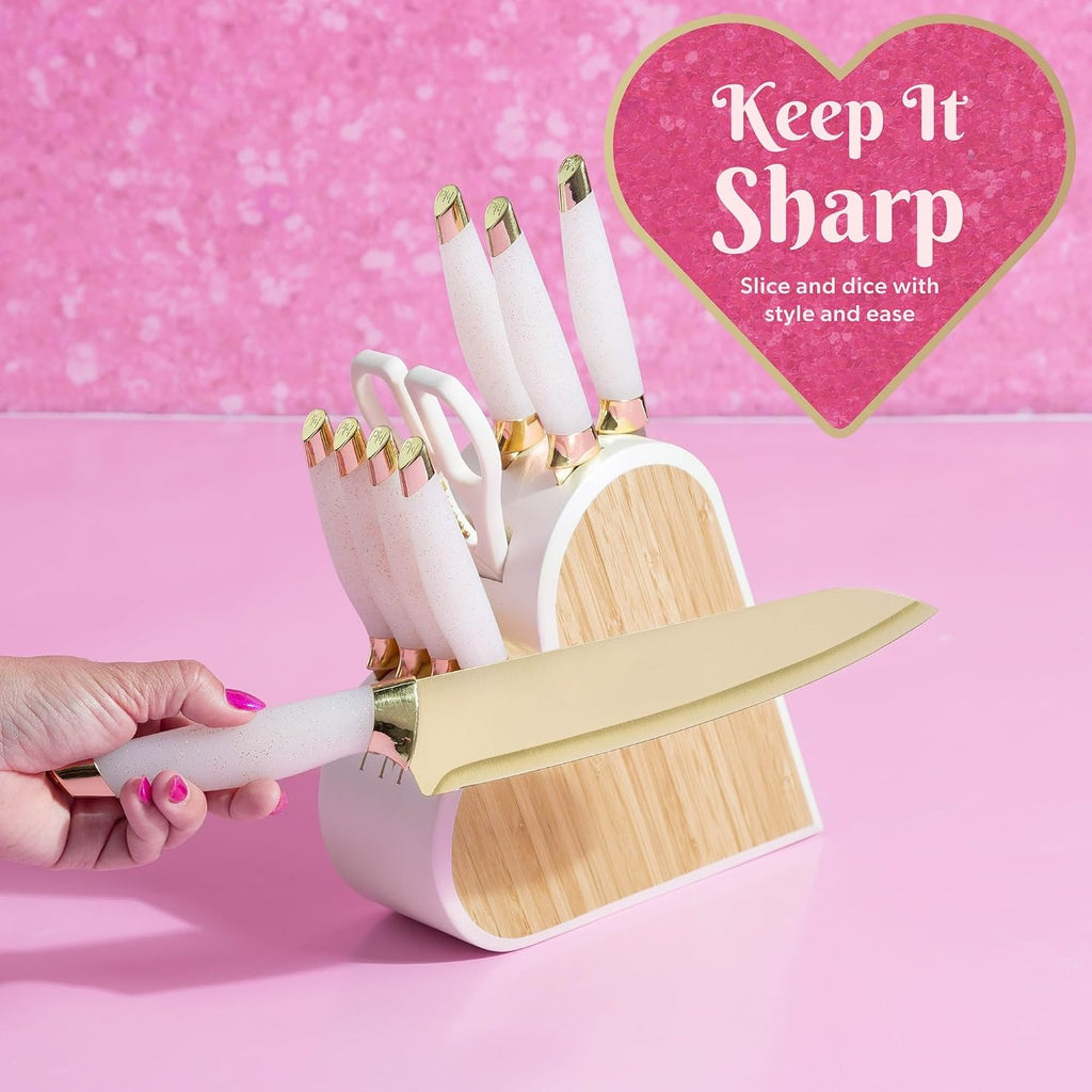 10-Piece Heart Knife Set – Stainless Steel Blades with Acrylic Block for Modern Kitchen Décor (White Iridescent)