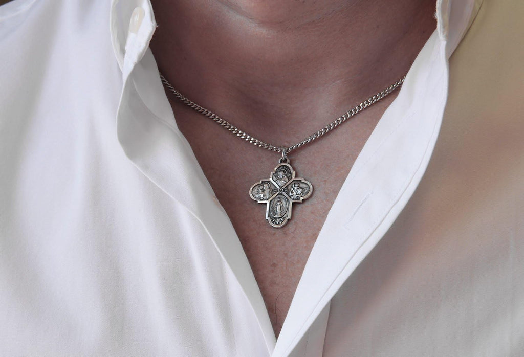 Heartland Sterling Silver 4 Way Cross Pendant for Men- Handcrafted in USA, Tarnish Resistant, Meaningful Catholic Necklace with Sacred Heart, St. Christopher, St. Joseph & Miraculous Medal– 24-Inch