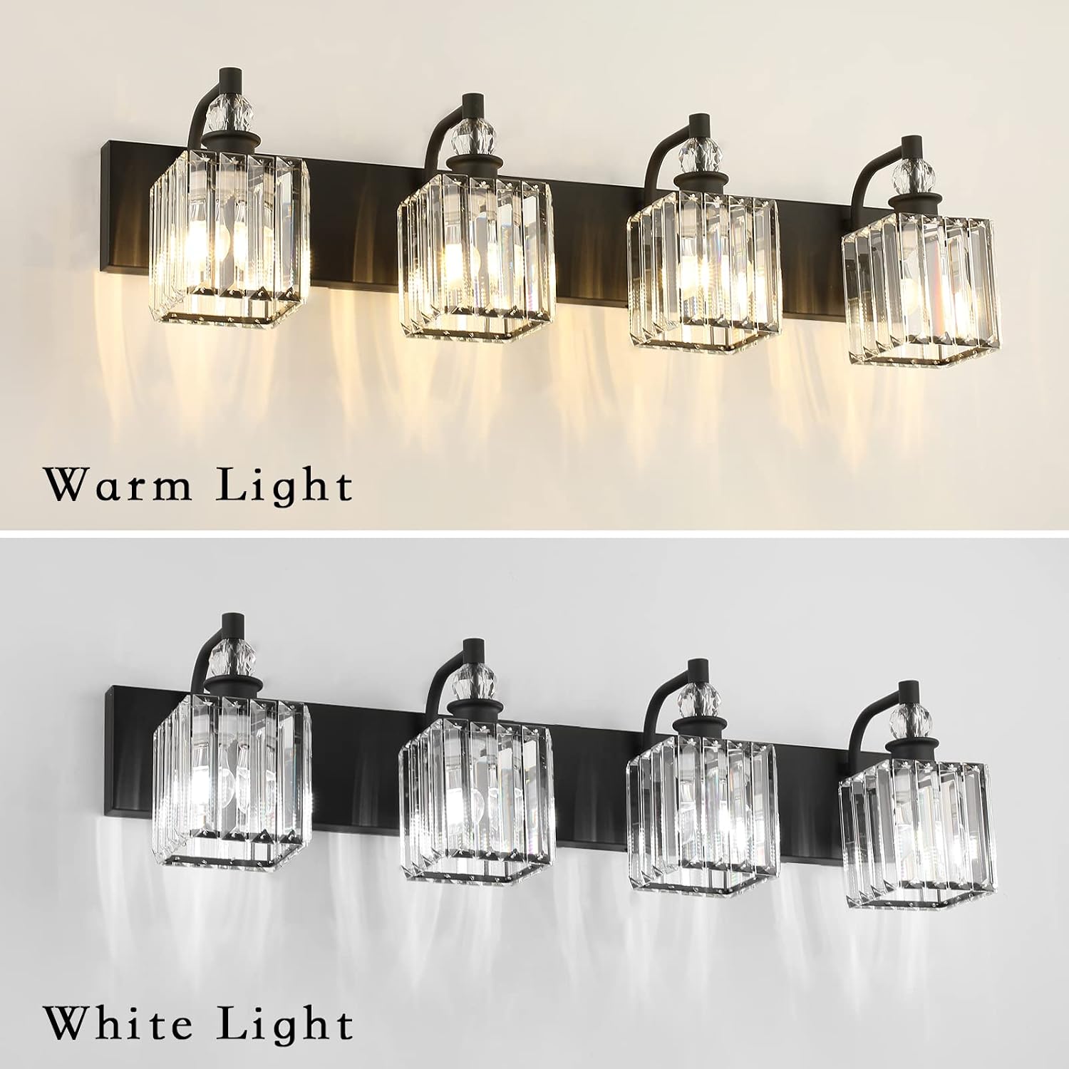 Ralbay Black Crystal Vanity Light 4 Light 31.5''Modern Matte Black Bathroom Wall Light Fixtures Over Mirror Bathroom Vanity Lights