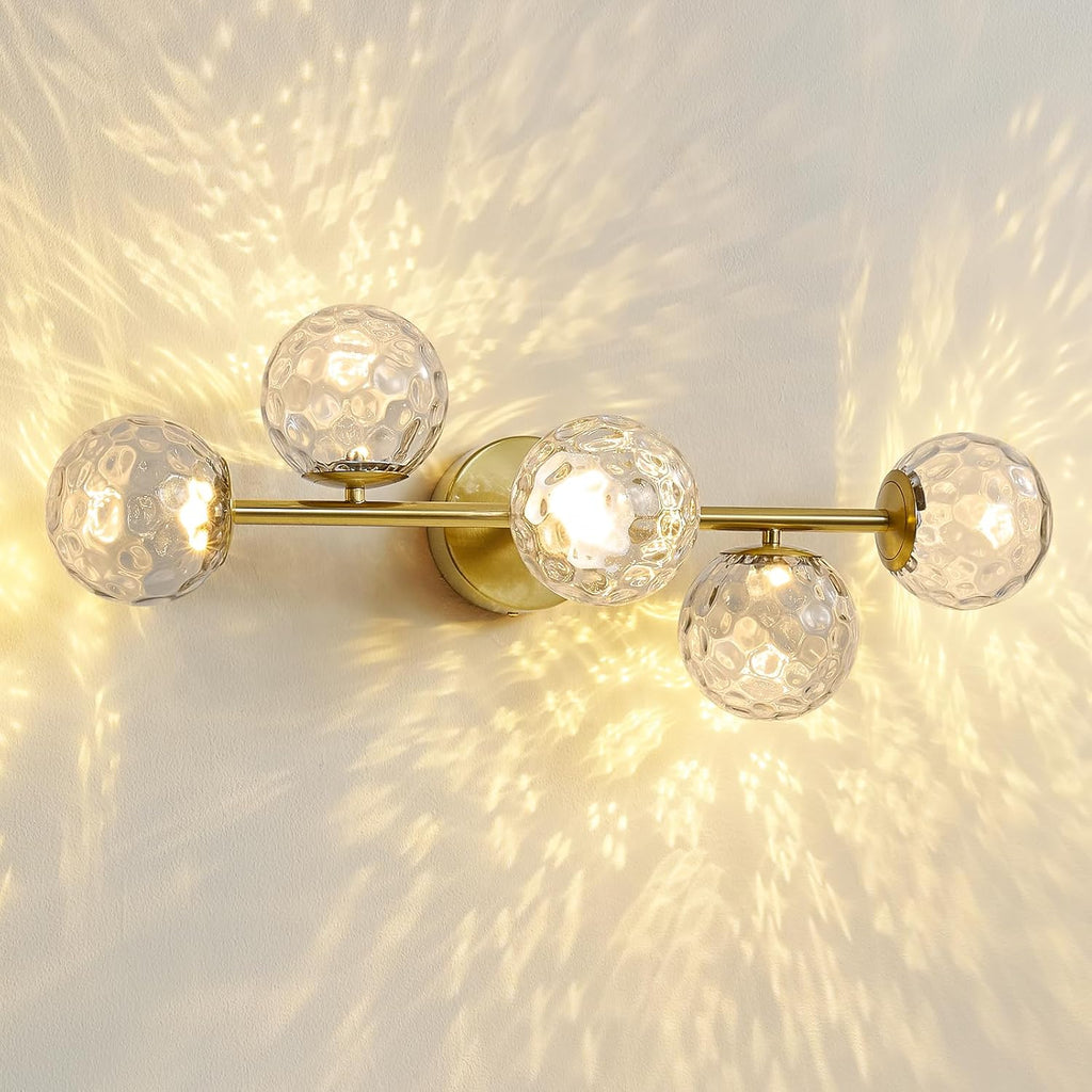 LED Bathroom Vanity Light Fixtures: 3000K Modern Gold Brush Brass 5 Lights Wall Sconce - 20W Dimmable Midcentury Vanity Light with Hammered Clear Globe Bubble Glass Shade for Bathroom Hallway Bedroom