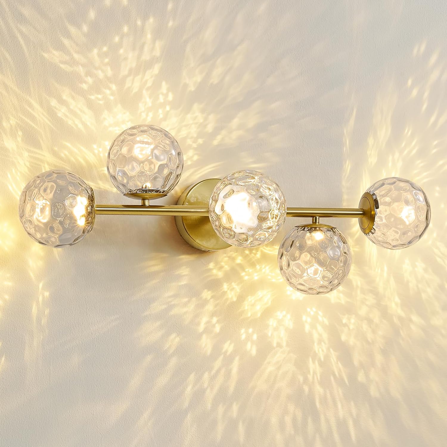 LED Bathroom Vanity Light Fixtures: 3000K Modern Gold Brush Brass 5 Lights Wall Sconce - 20W Dimmable Midcentury Vanity Light with Hammered Clear Globe Bubble Glass Shade for Bathroom Hallway Bedroom