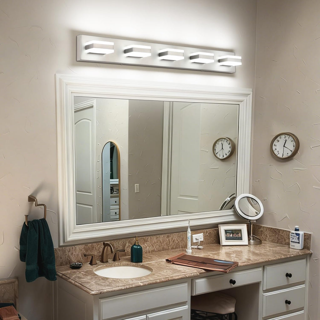 SOLFART Bathroom Brushed Nickel Bathroom Light Fixture, Vanity Lights Over Mirror, 5 Light Led Lights for Bathrooms,5 Color Temperature Adjustable Vanity Lights for Bath Nickel