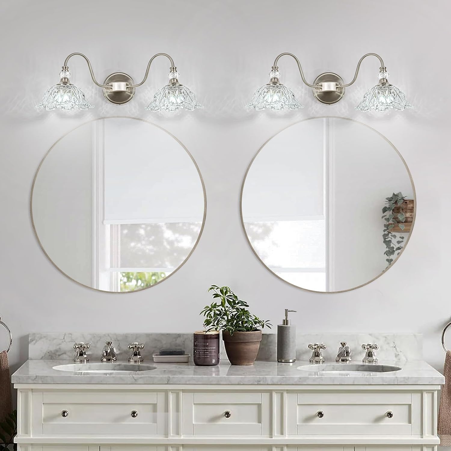 Brushed Nickel Bathroom Vanity Light, 2-Light Vanity Light with Floral Clear Glass Shades, Nickel Wall Mount Lighting for Bathroom, Dressing Table