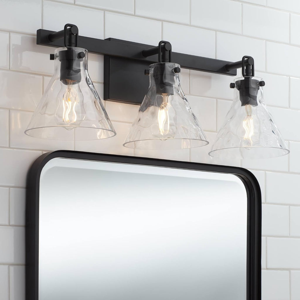 Possini Euro Design Ishii 26' High Modern 3 Light Bathroom Vanity Wall Lamp Light Fixture Mount Over The Sink Mirror Hardwired Cordless Matte Black Clear Glass Shade Indoor Entry-Way