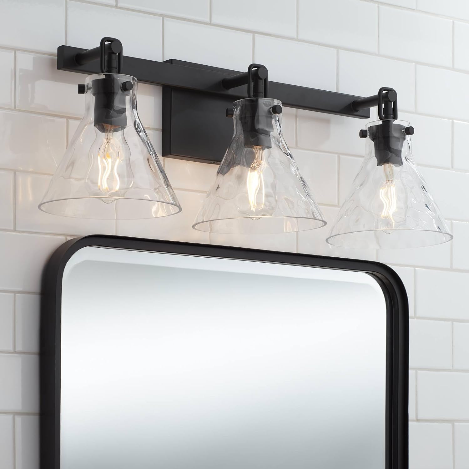 Possini Euro Design Ishii 26' High Modern 3 Light Bathroom Vanity Wall Lamp Light Fixture Mount Over The Sink Mirror Hardwired Cordless Matte Black Clear Glass Shade Indoor Entry-Way