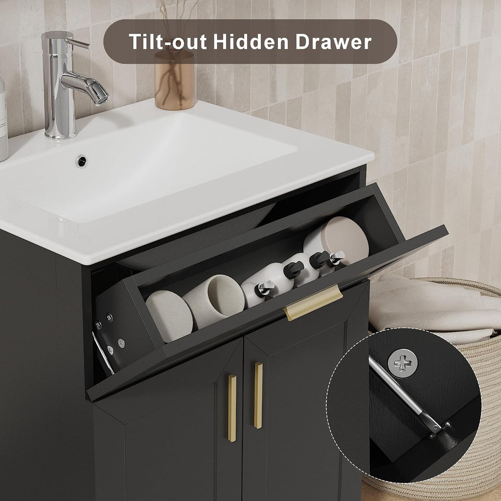 KIGOTY 24' Bathroom Vanity Without Sink, Bathroom Storage Cabinet Without Top, Unassembled Sink Cabinet with Drawer, Soft-Closing Door and Adjustable Shelf (Black)