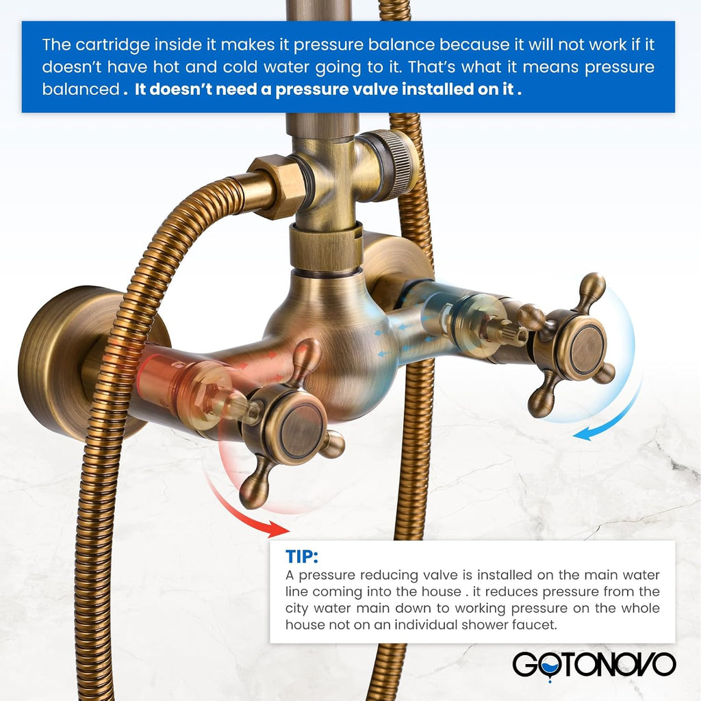 gotonovo Exposed Bathroom Shower Faucet Set Shower Fixture 8 Inch Rainfall Shower Head Handheld Shower Cross Handle Wall Mount 2 Functions Antique Brass
