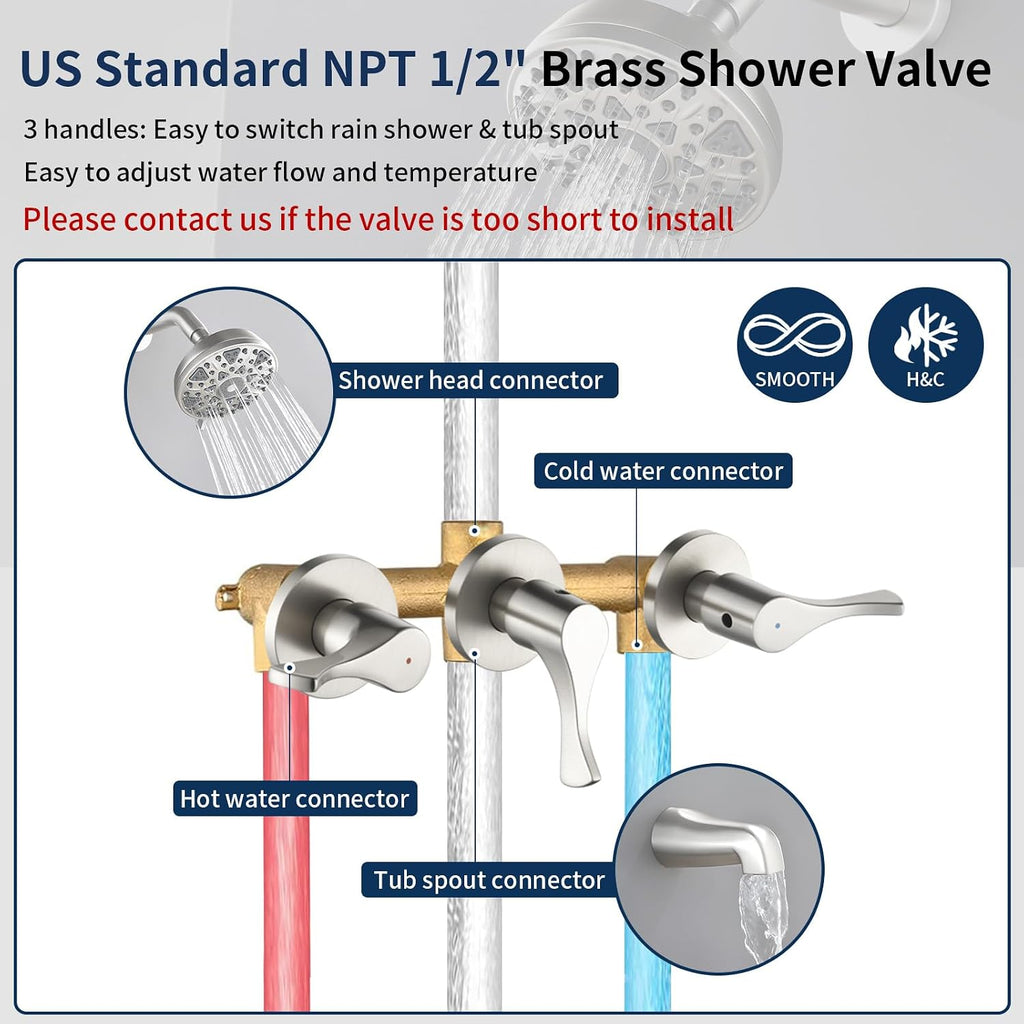 3 Handles Shower Faucet Set with Tub Spout Bathtub Shower Faucets Combo Set Shower System Complete Tub and Shower Trim Kit Brushed Nickel Shower Fixtures Brushed Nickel Shower Set