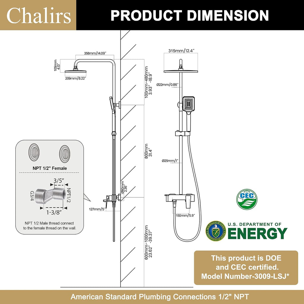 Shower Systems with 12 x8 Inches Rain Shower Head,Brushed Gold Exposed Pipe Shower System,3 Functions Tub Shower Faucet Sets,Overhead Shower System with Handheld