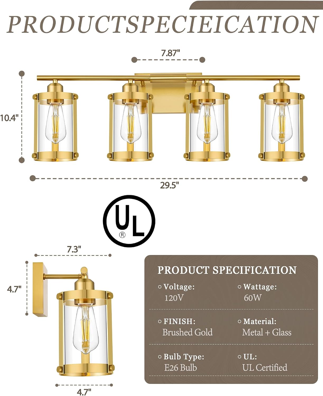 4-Light Brushed Gold Bathroom Light Fixtures with Clear Glass and Metal Cage, 29 Inch Modern Brass Vanity Lighting Over Mirror Wall Sconce Lights for Bath, E26, Rust-Proof, OS-3014BG-4W