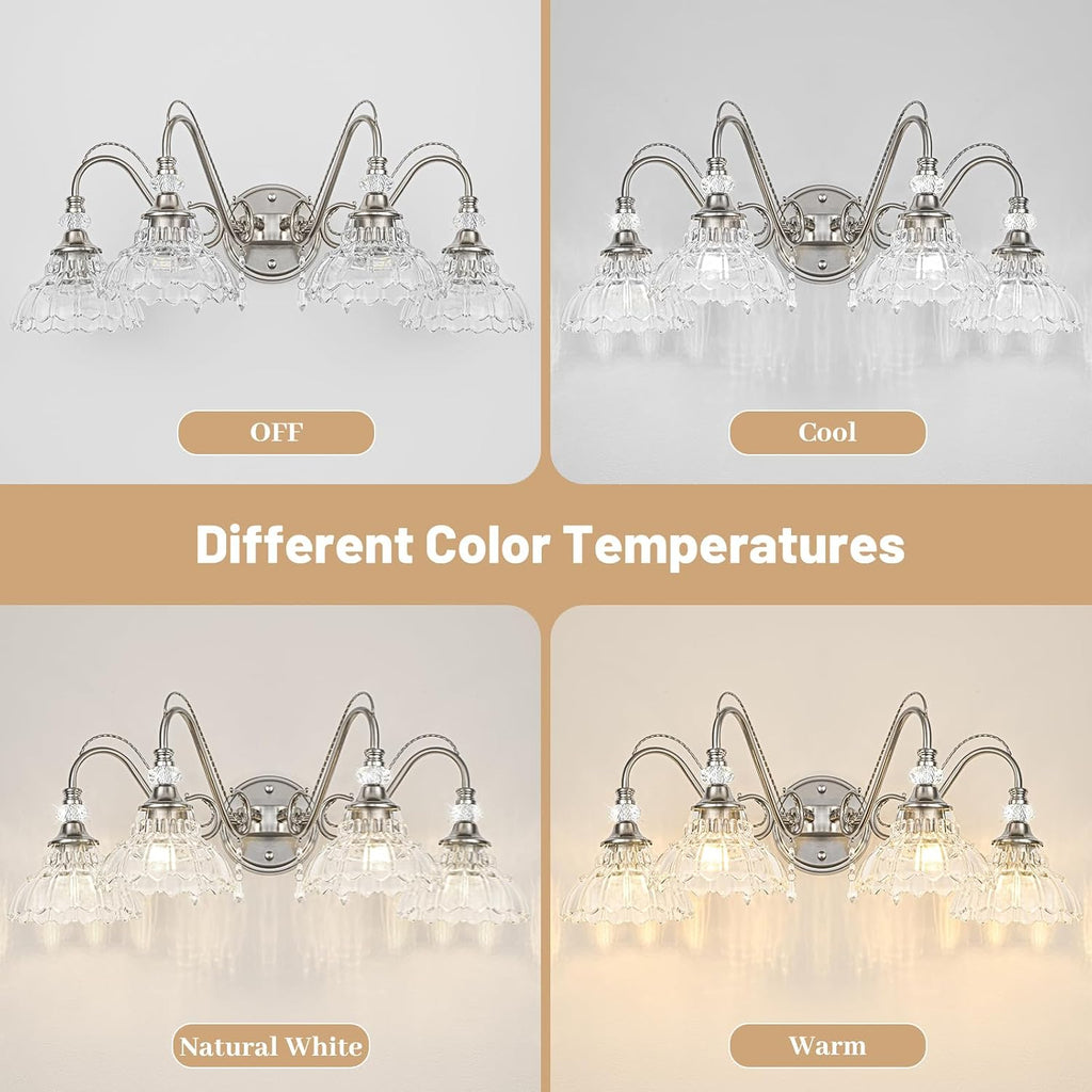 Brushed Nickel Bathroom Vanity Light, 4-Light Nickel Finish Wall Sconce with Hanging Crystal Accents and Flower-Shaped Clear Glass Shades, Modern Wall Mount Vanity Light Over Mirror for Bathroom