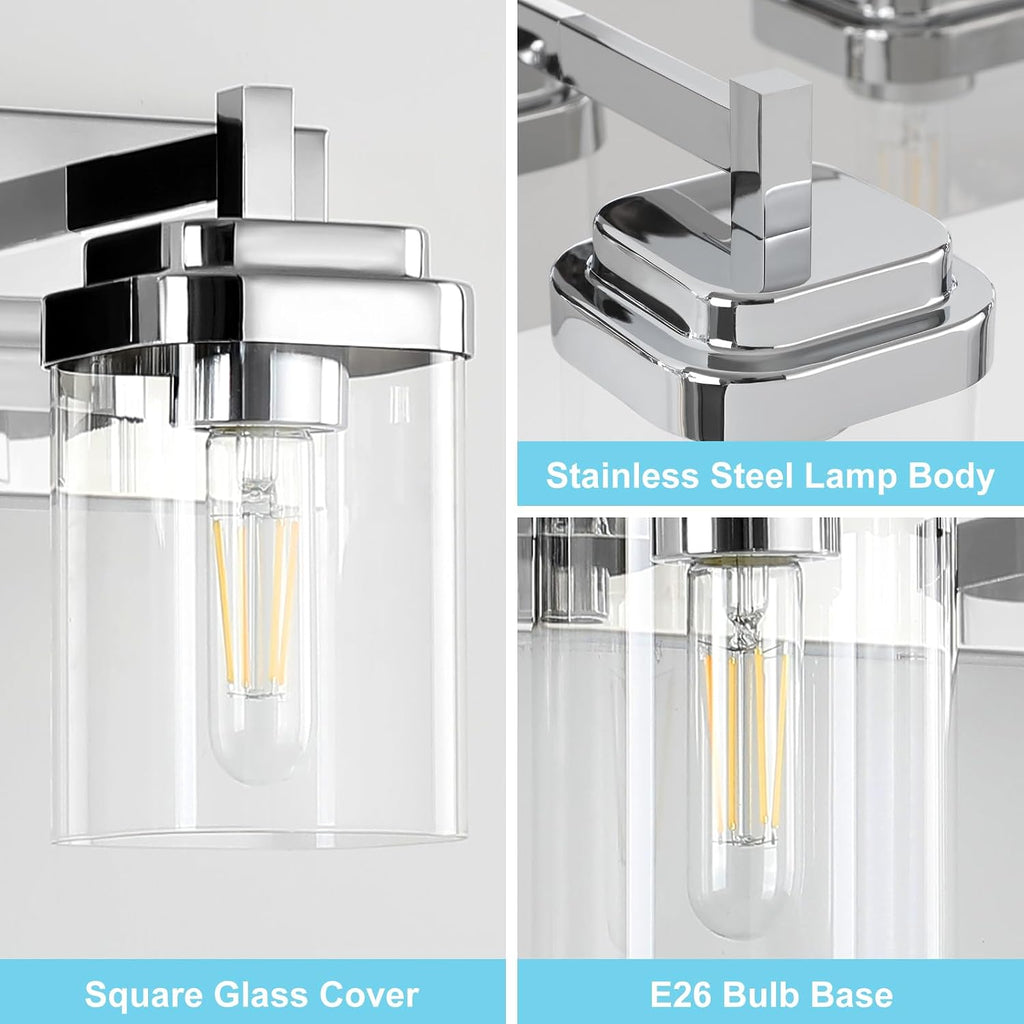 4-Light Vanity Light Fixture, Bathroom Wall Sconces, Bathroom Vanity Lighting Over Mirror | Square Clear Glass Shade | Bulbs Not Included | E26 Socket | Chrome