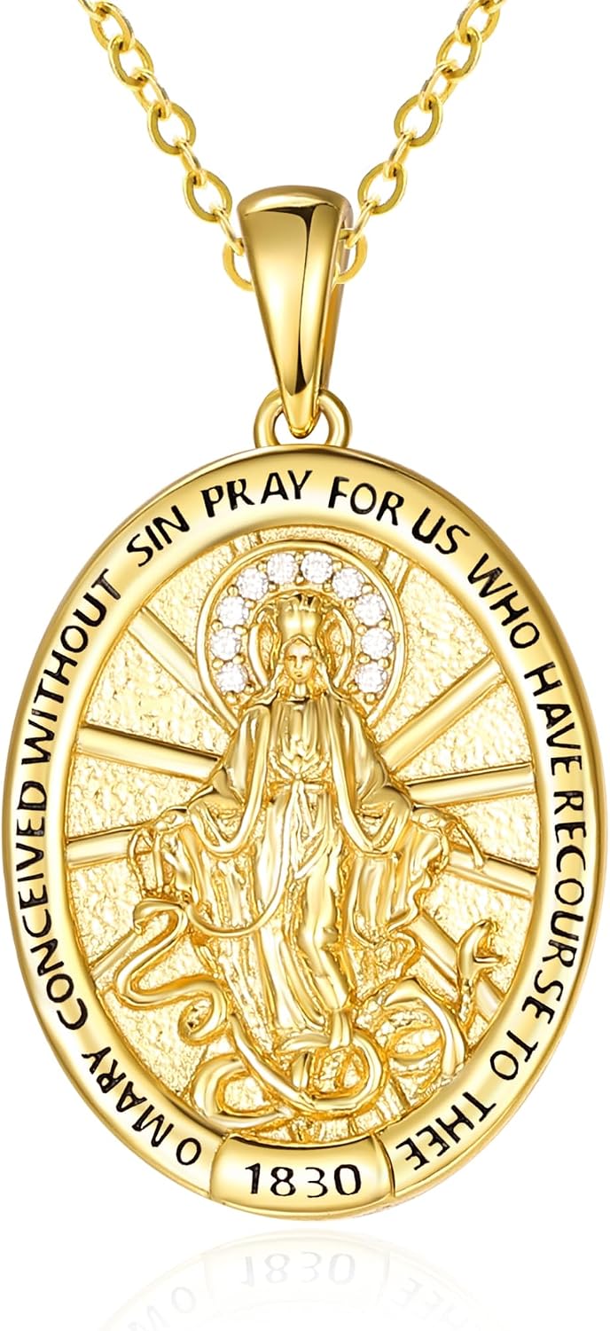 Miraculous Medal Necklace, 14K Gold Virgin Mary Pendant Protection Jewelry, Medalla Milagrosa Catolica Necklace Catholic Gifts for Women