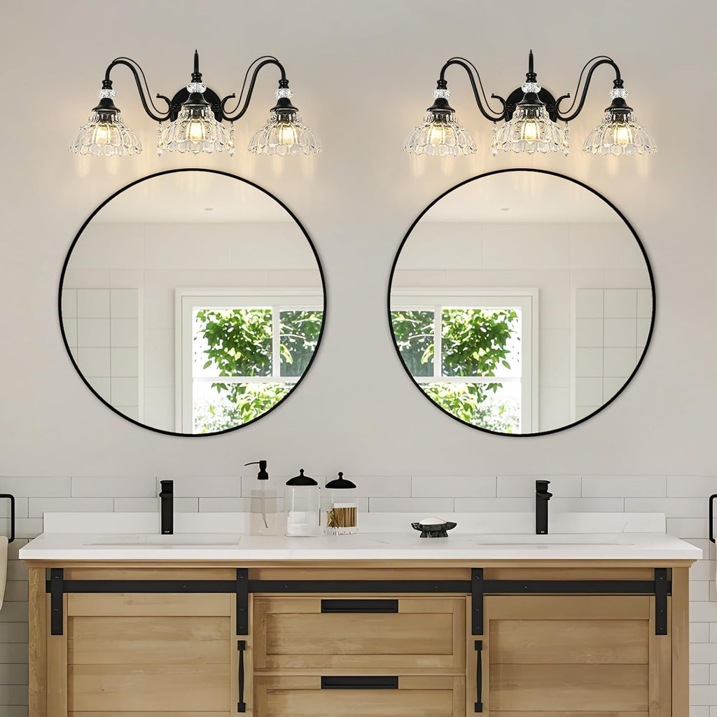 Black Bathroom Vanity Light, 3-Light Matte Black Finish Farmhouse Wall Sconce with Hanging Crystal Accents and Flower-Shaped Clear Glass Shades, Retro Wall Mount Vanity Light Over Mirror for Bathroom