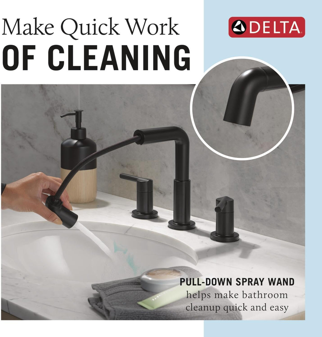 Delta Nicoli Matte Black Bathroom Faucet with Sprayer, 8 Inch 3 Hole Widespread Bathroom Sink Faucet with Pull Out Sprayer, Push-Pop Drain, Matte Black 35849LF-BLPD.