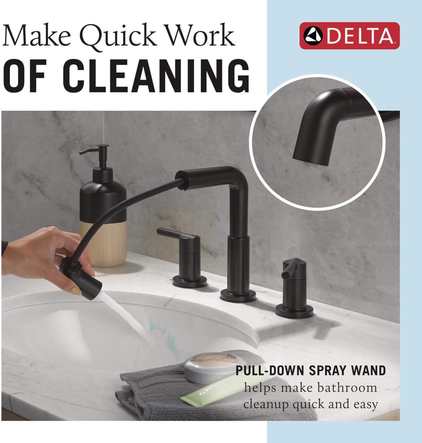 Delta Nicoli Matte Black Bathroom Faucet with Sprayer, 8 Inch 3 Hole Widespread Bathroom Sink Faucet with Pull Out Sprayer, Push-Pop Drain, Matte Black 35849LF-BLPD.