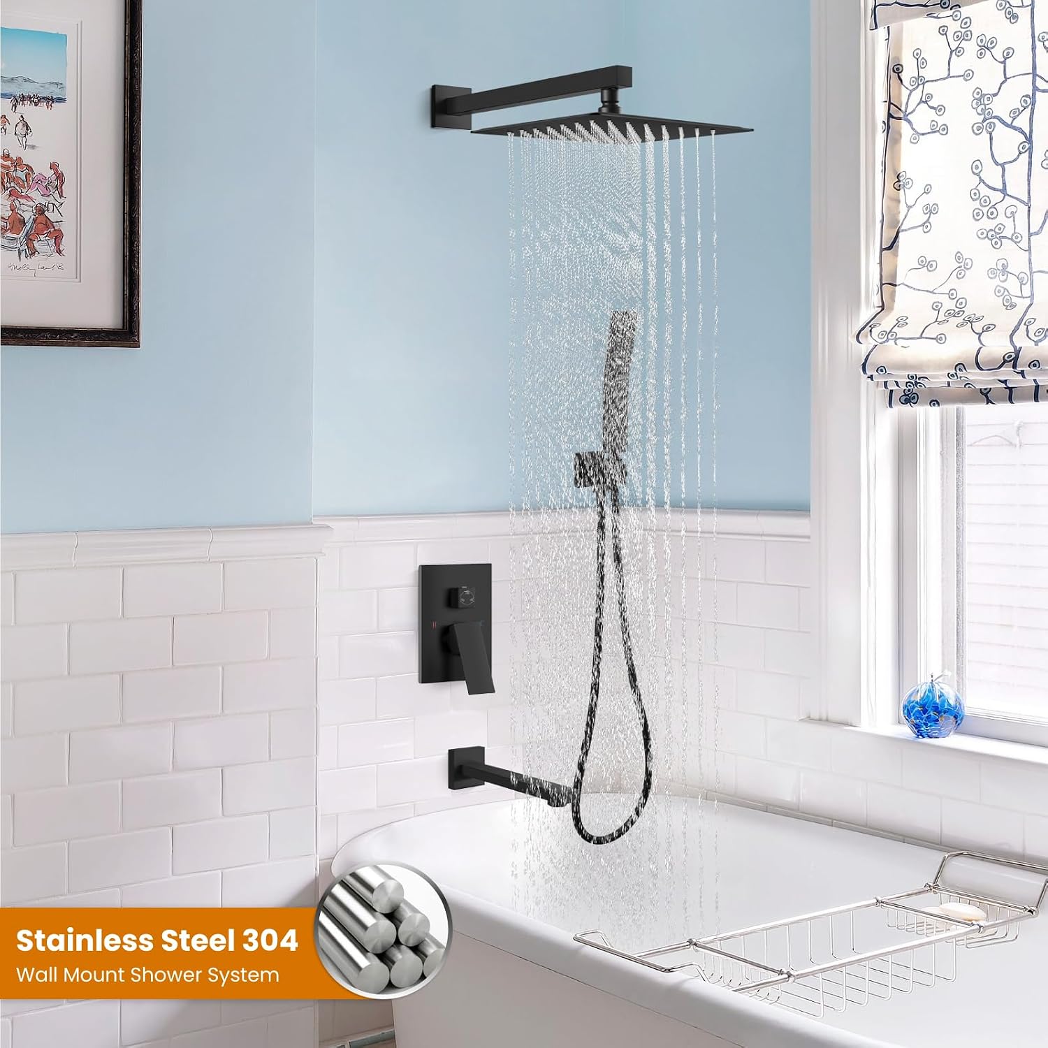 gotonovo Shower System with Tub Spout Wall Mounted Rain Shower Head and Handle Combo Shower Faucet Set with Valve, 10 Inch, Matte Black