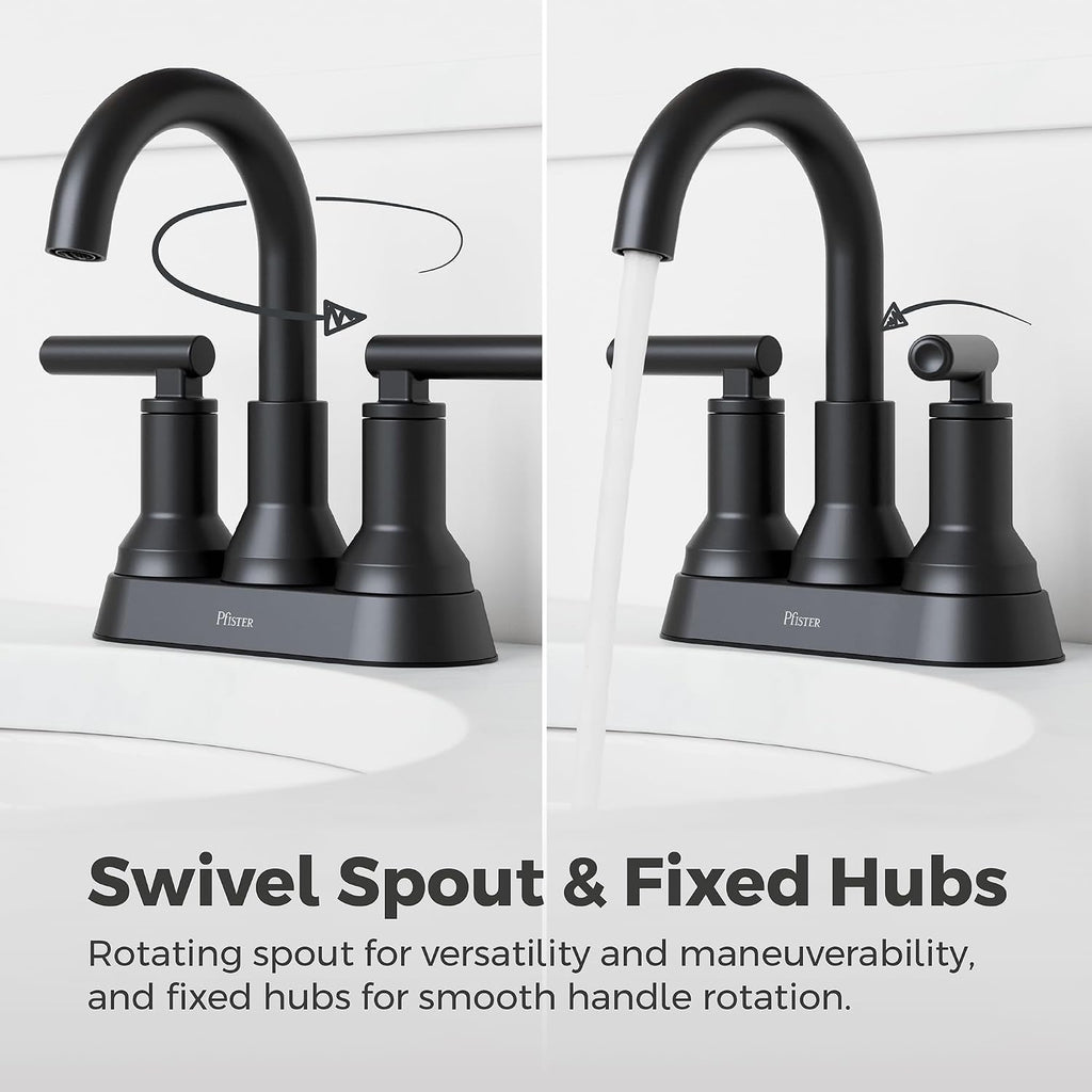 Pfister Capistrano 4 in Centerset 3-Hole Matte Black Bathroom Sink Faucet with 2-Handle Push & Seal Drain Technology WaterSense NSF Certified Vanity Faucet LF048CSOSDB