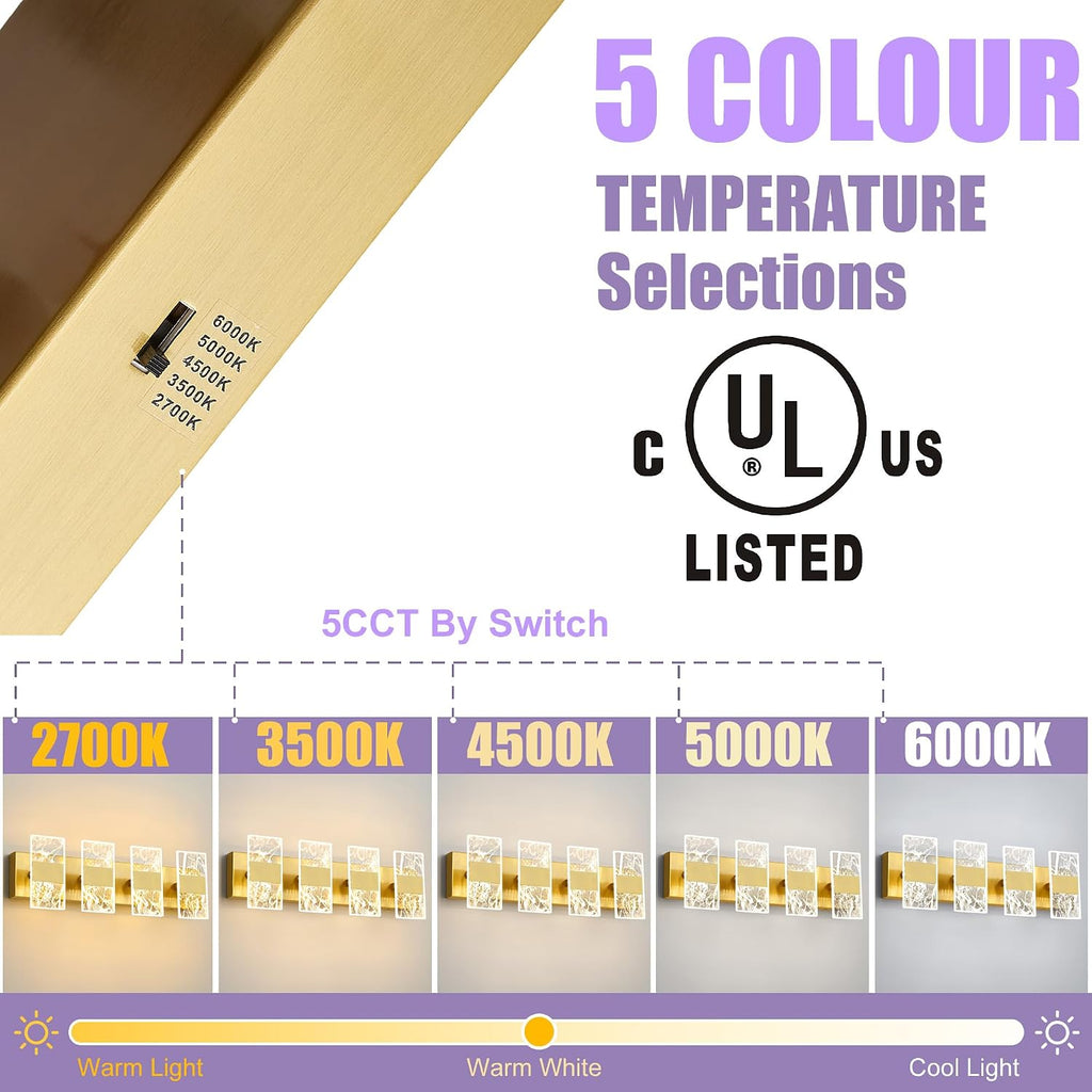 Modern LED Bathroom Light Fixtures Dimmable 4-Light Gold Vanity Light, 5CCT Adjustable Lighting Fixture Vanity Lights Over Mirror, Smoked Acrylic LED Vanity Lights for Bathroom