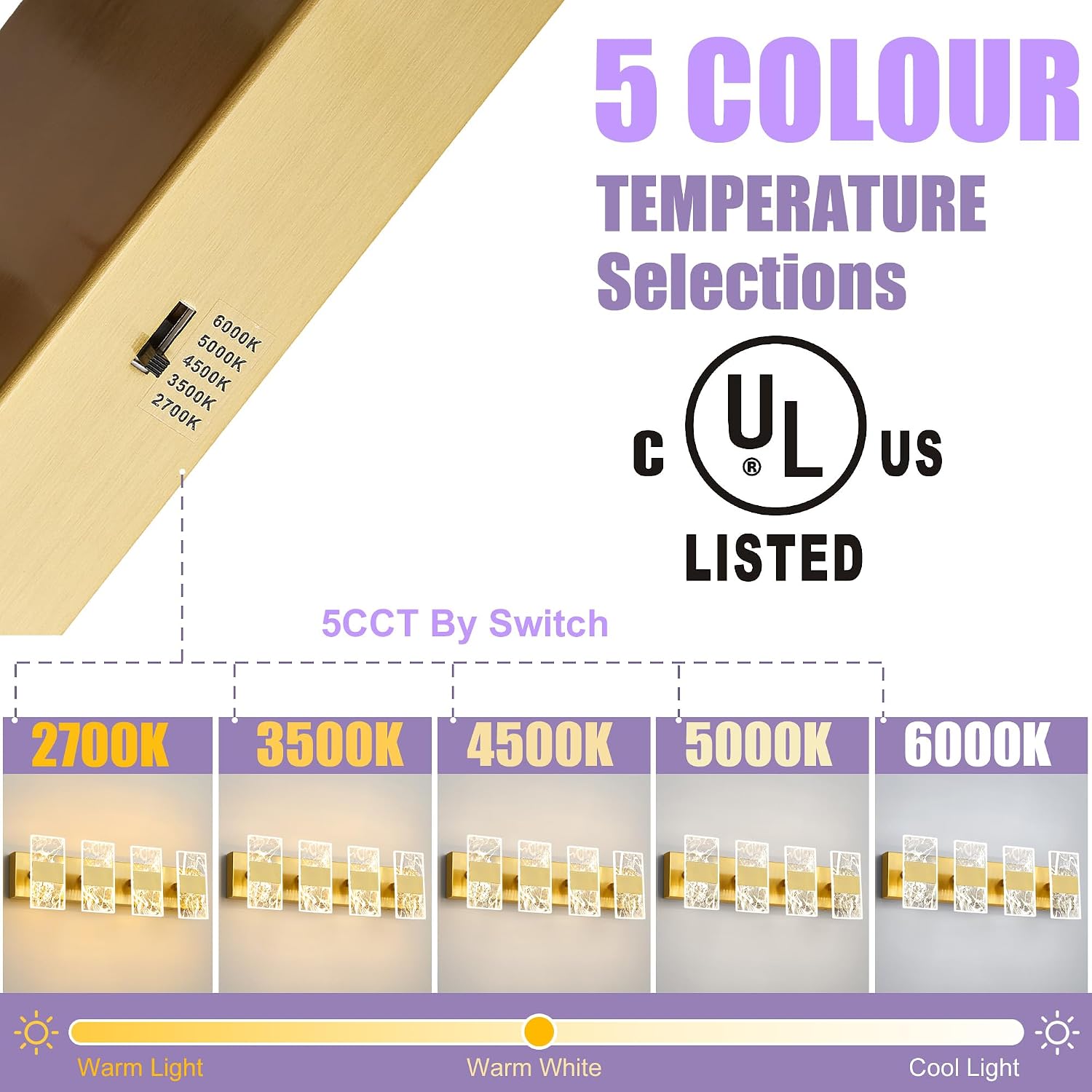 Modern LED Bathroom Light Fixtures Dimmable 4-Light Gold Vanity Light, 5CCT Adjustable Lighting Fixture Vanity Lights Over Mirror, Smoked Acrylic LED Vanity Lights for Bathroom