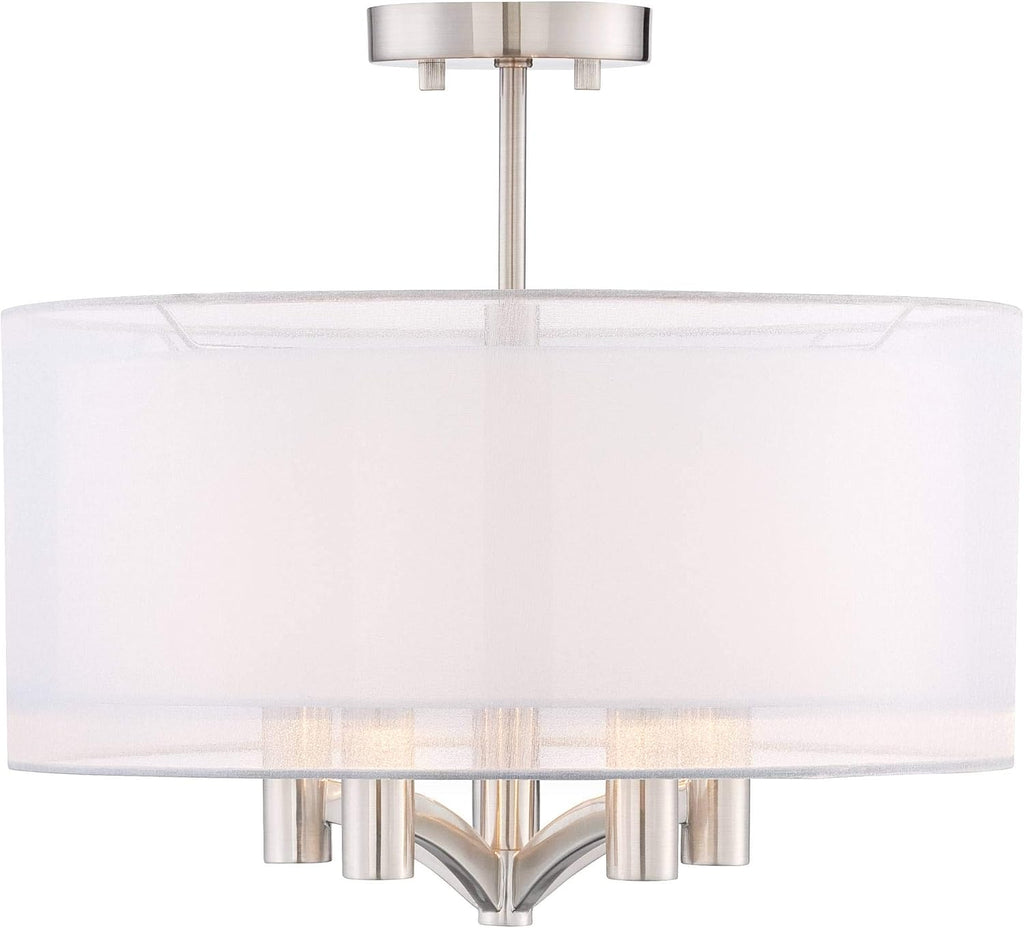 Possini Euro Design Caliari Modern Ceiling Light Semi Flush Mount Fixture Brushed Nickel 18' Wide 5-Light Sheer Silver White Linen Double Drum Shade for Bedroom Kitchen Living Room Hallway Bathroom