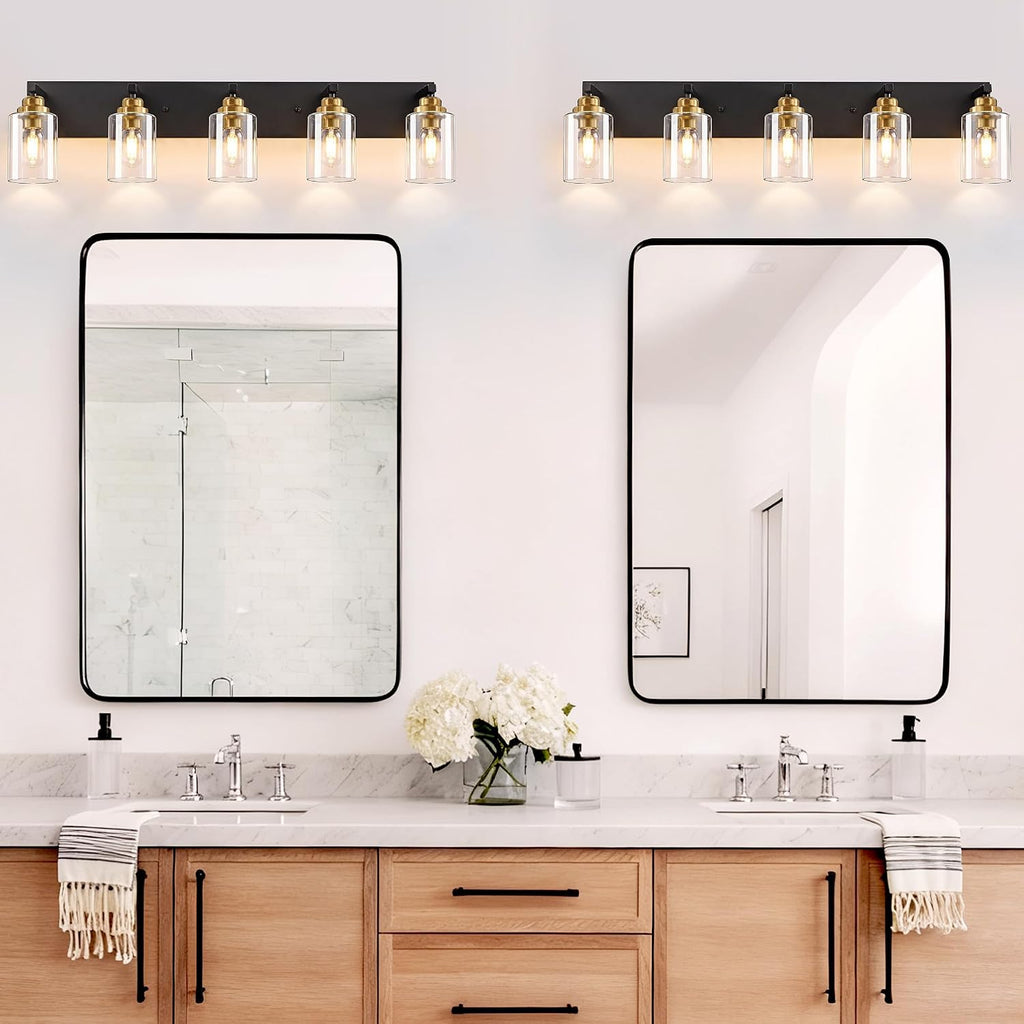 Black and Gold Bathroom Light Fixture, 5 Light Brushed Gold Vanity Light, 35.4' Modern Farmhouse Bathroom Lighting Fixtures Over Mirror, with Clear Glass Shade, Vanity Lights for Bedroom Hallway