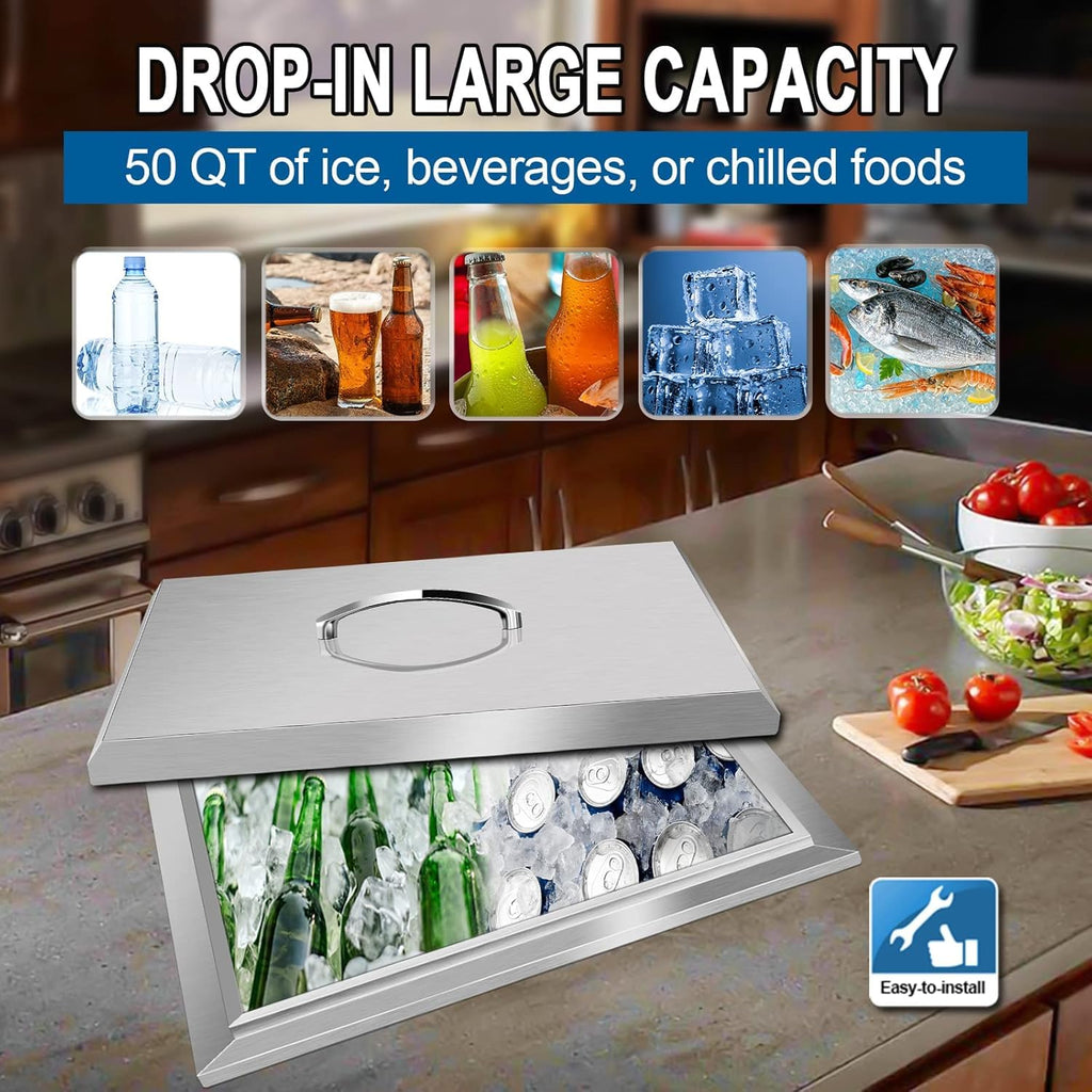 Drop in Ice Chest, Outdoor 304 Stainless Steel Built-in Ice Bucket, Ice Bin Cooler with Cover Including Drain-Pipe & Drain Plug Lid for Cold Wine Beer,20.5''L X 20.5''W X 13''H