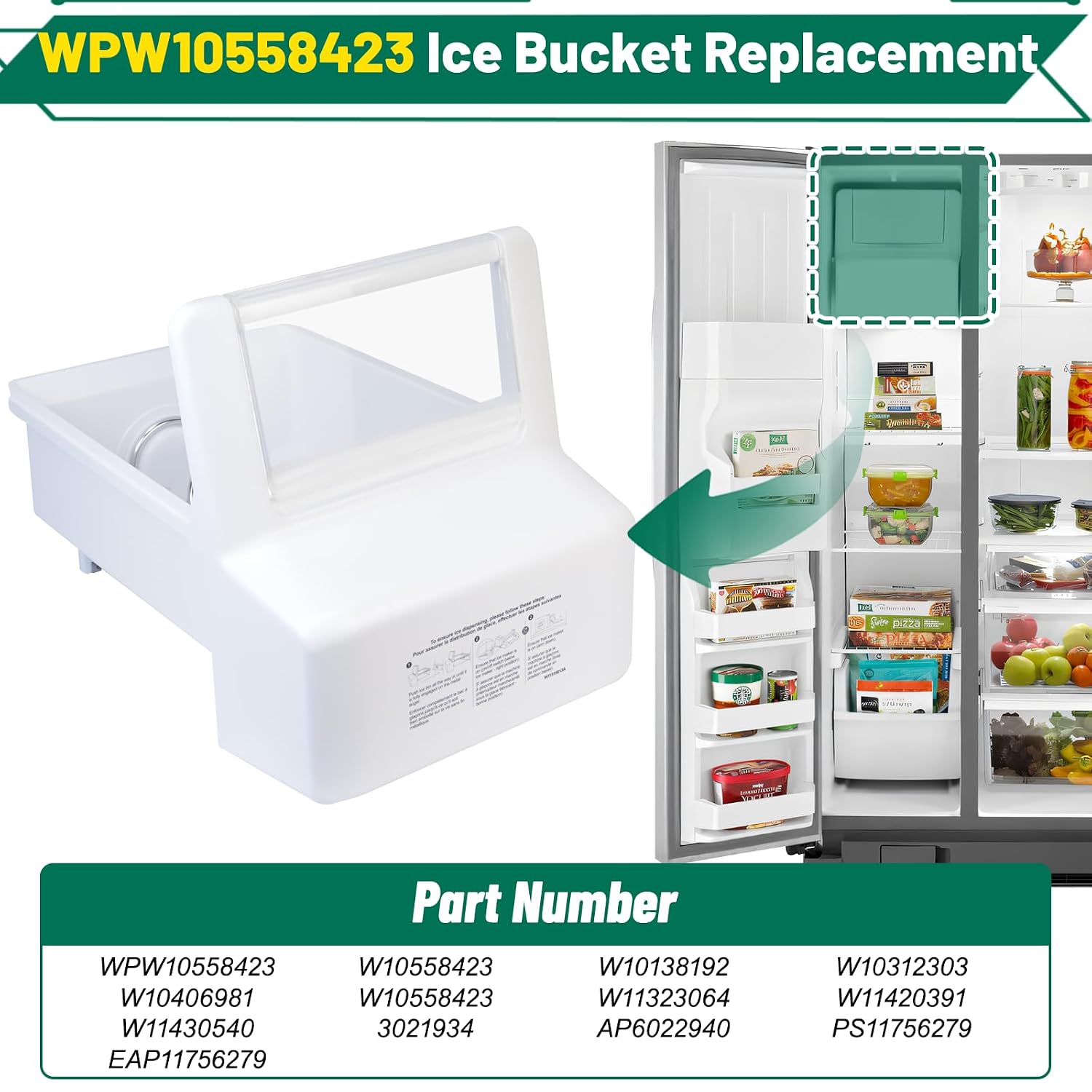 Upgraded WPW10558423 W10558423 Refrigerator Ice Bucket Replacement Compatible with Whirlpool Ice Maker Tray WRS315SDHZ, WRS325FDAM04, WRS325FDAM02, WRS315SDHM08 Parts for Whirlpool Fridge Ice Bin Tray