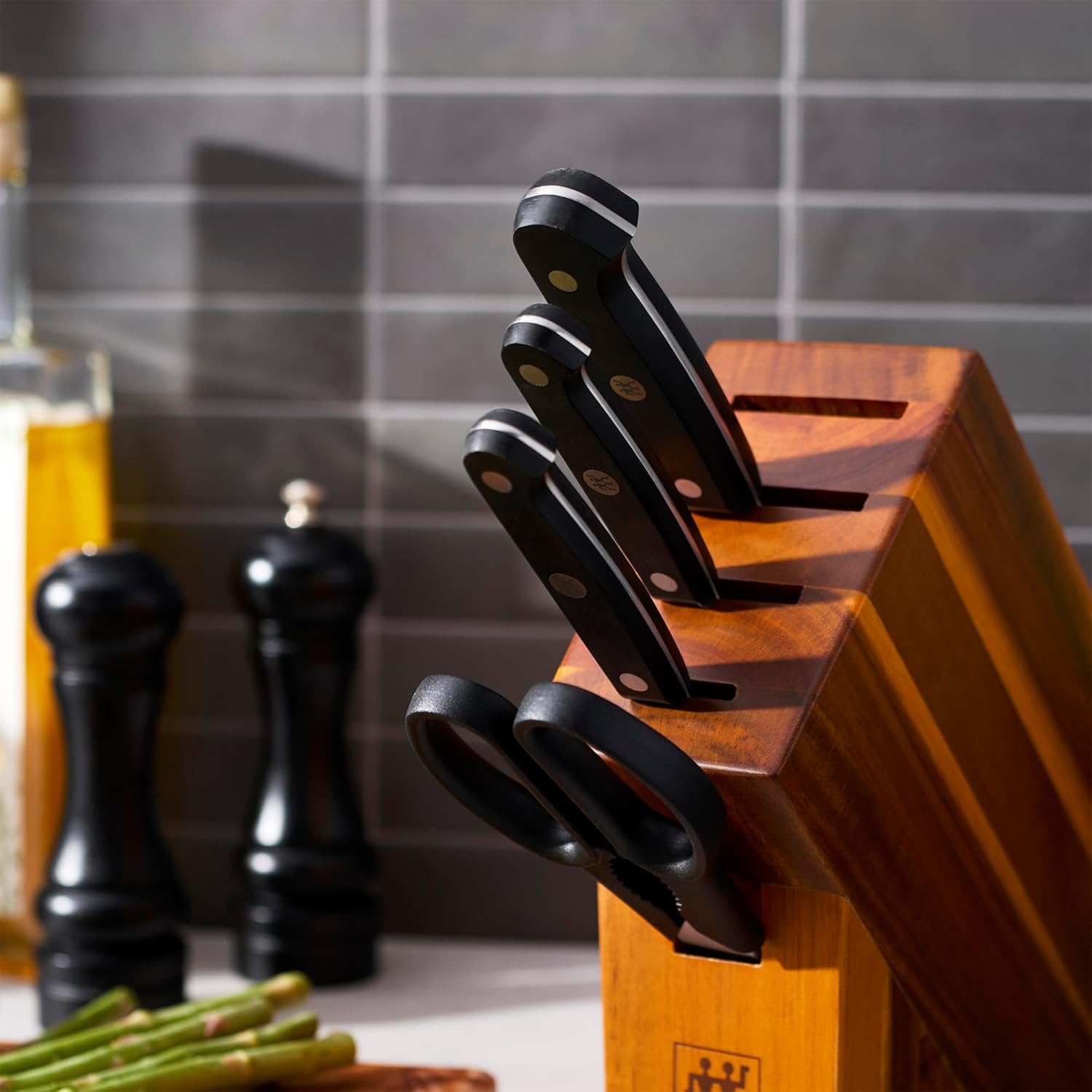 ZWILLING Gourmet 6-pc Knife Block Studio Set, 4-inch Pairing, 5-inch Serrated Utility, 6-inch Slicing, 8-inch Chef's, 5-Slot Acacia Studio Block, Shears, Made in Germany