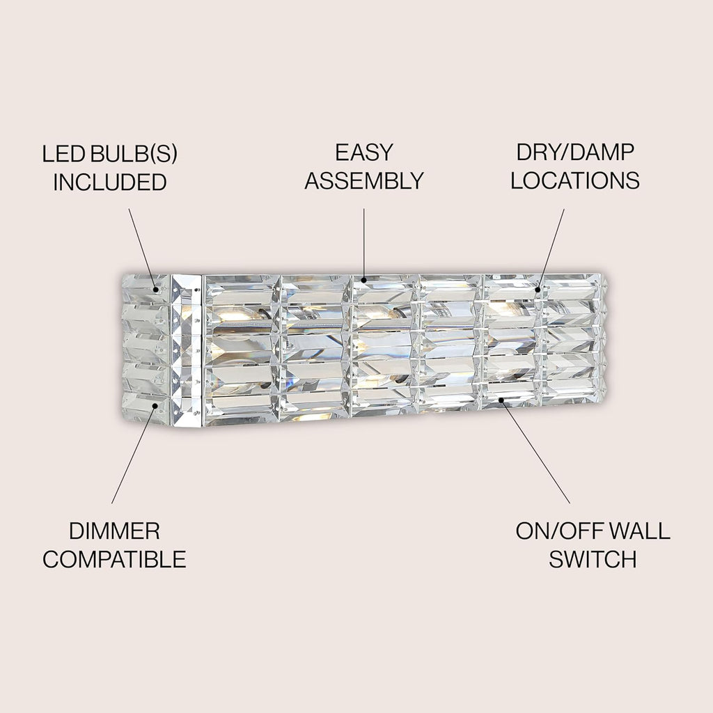 JONATHAN Y 24.25' Chrome Modern Crystal Vanity Light, LED Bathroom Wall Sconce, 3-Light Fixture for Mirror, Glam Lighting with Clear Crystal Shade, Art Deco Makeup Wall Lamp (JYL7540A)