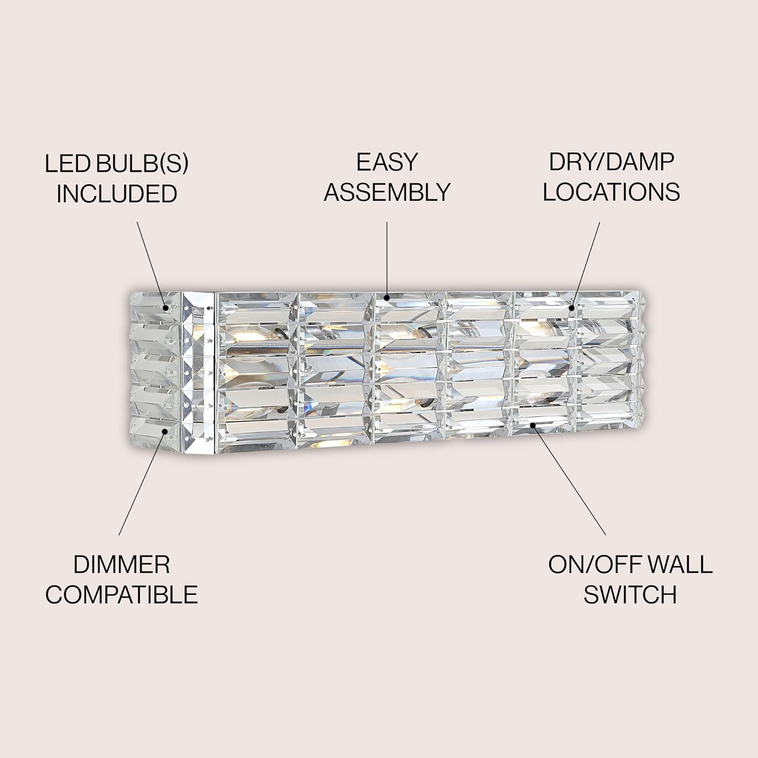 JONATHAN Y 24.25' Chrome Modern Crystal Vanity Light, LED Bathroom Wall Sconce, 3-Light Fixture for Mirror, Glam Lighting with Clear Crystal Shade, Art Deco Makeup Wall Lamp (JYL7540A)