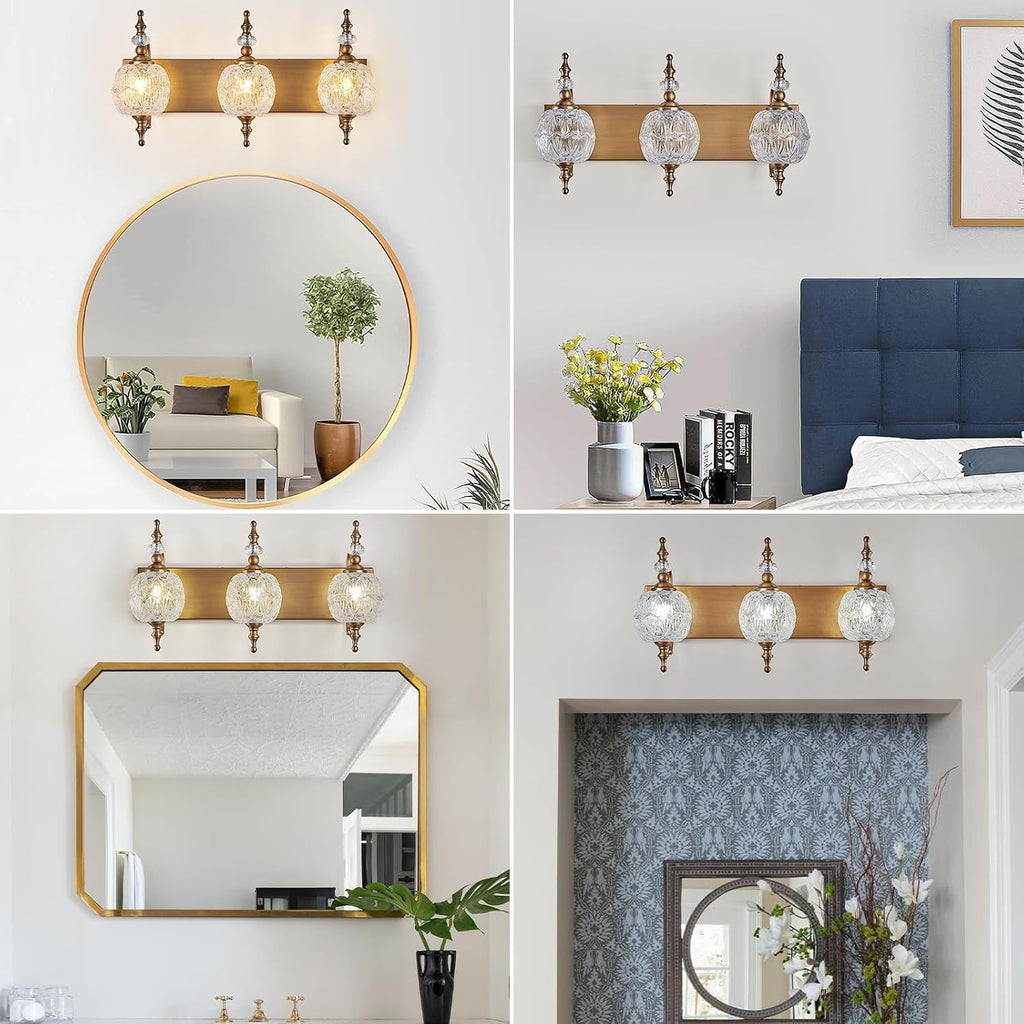 Vintage Bathroom Vanity Light Fixtures, 3 Lights Bathroom Wall Sconce Lighting Matte Brushed Antique Brass Finish with Crystal Glass Shade, Vintage Vanity Light for Bathroom Bedroom