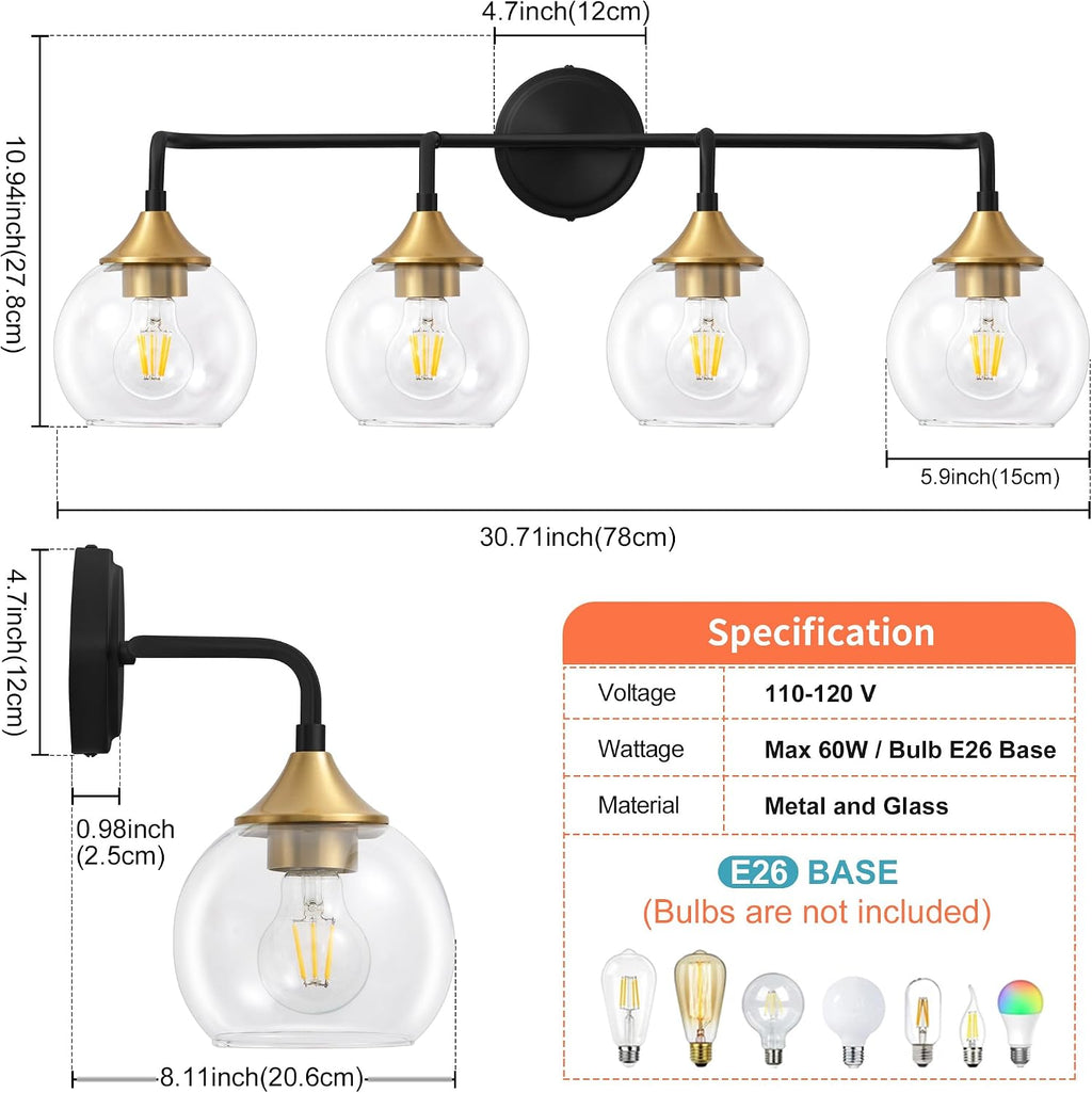 Bathroom Vanity Light with Clear Glass Shade, E26 Base, 31 Inch Vanity Lighting Fixtures Over Mirror, Vanity Lights for Bathroom (Exclude E26 Bulb) - Black and Gold, 4-Lights