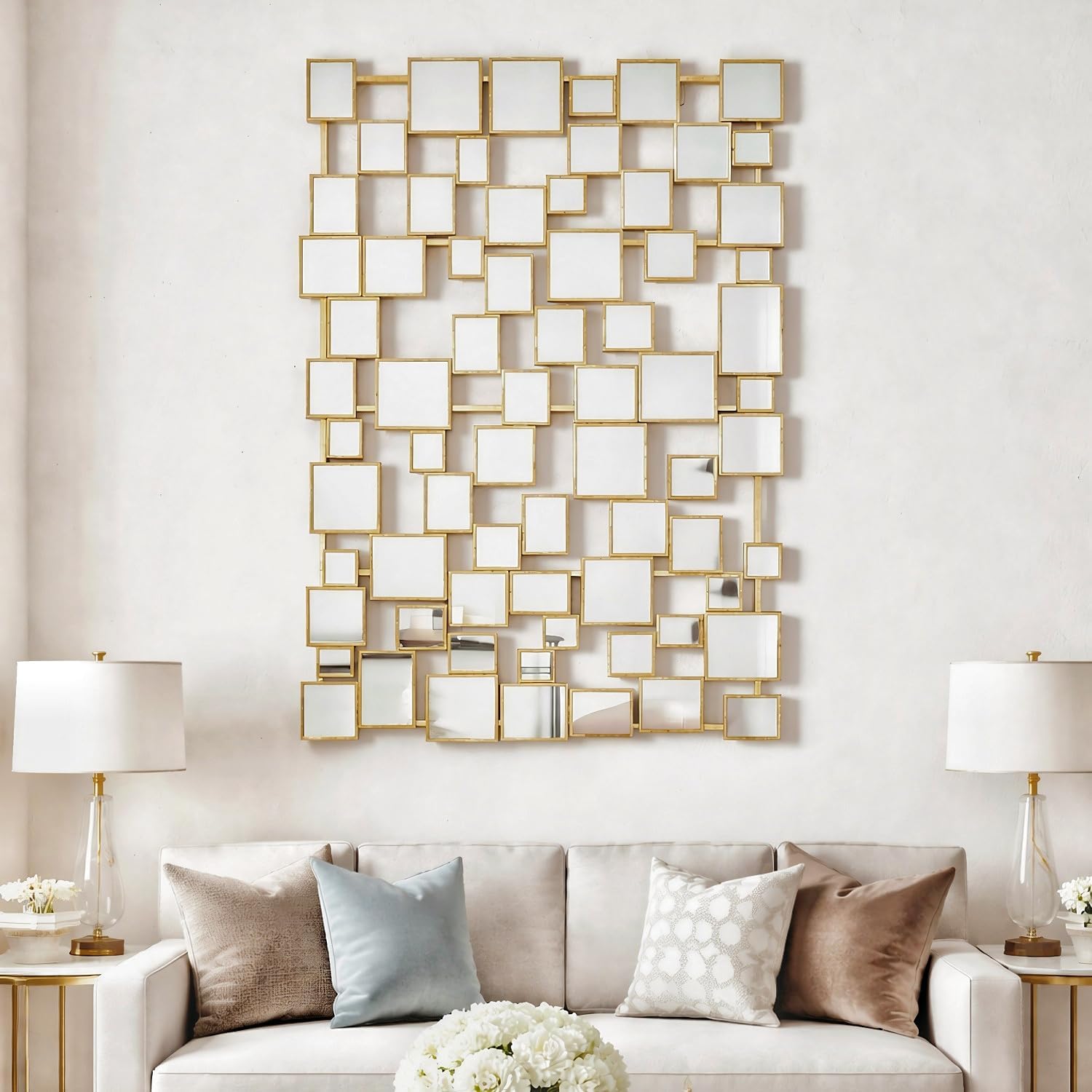 Gold Modern Wall Mirror - 45'×30' Large Metal Framed Decorative Mirror, Unique Mosaic Design Wall Mirrors for Living Room Entryway Hallway Home Art Decor