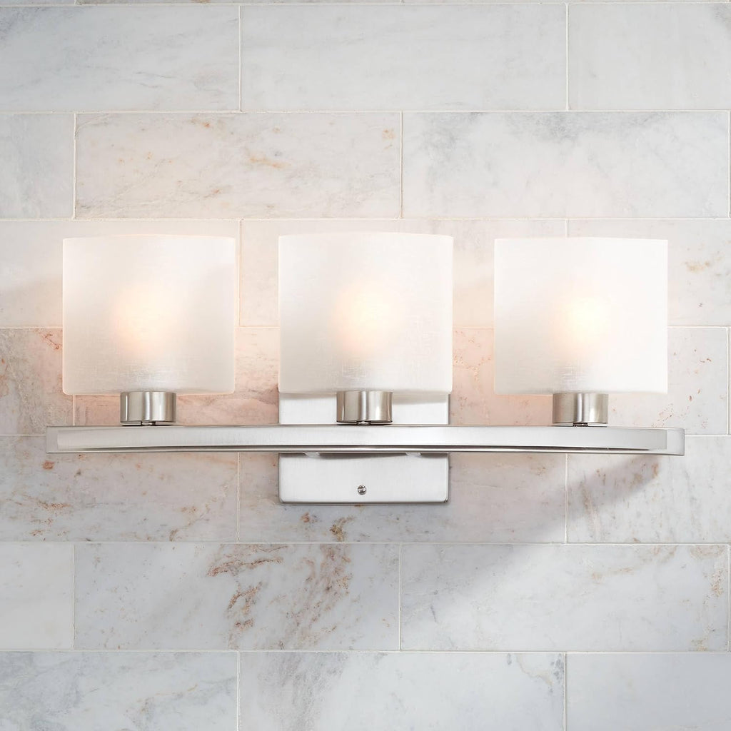 Possini Euro Design Modern Wall Mount Light Brushed Nickel Silver Hardwired 23 1/2' Wide 3-Light Fixture Curved Frame White Linen Glass Shade for Bedroom Bathroom Vanity Reading Living Room Hallway