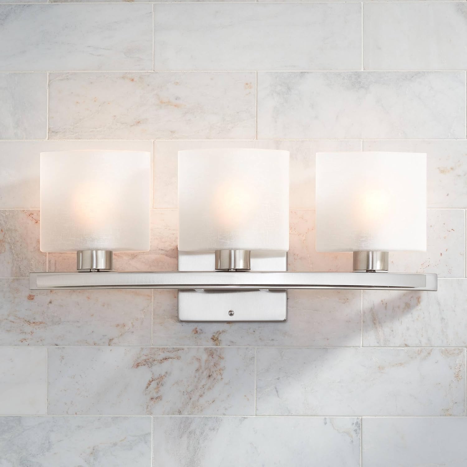Possini Euro Design Modern Wall Mount Light Brushed Nickel Silver Hardwired 23 1/2' Wide 3-Light Fixture Curved Frame White Linen Glass Shade for Bedroom Bathroom Vanity Reading Living Room Hallway