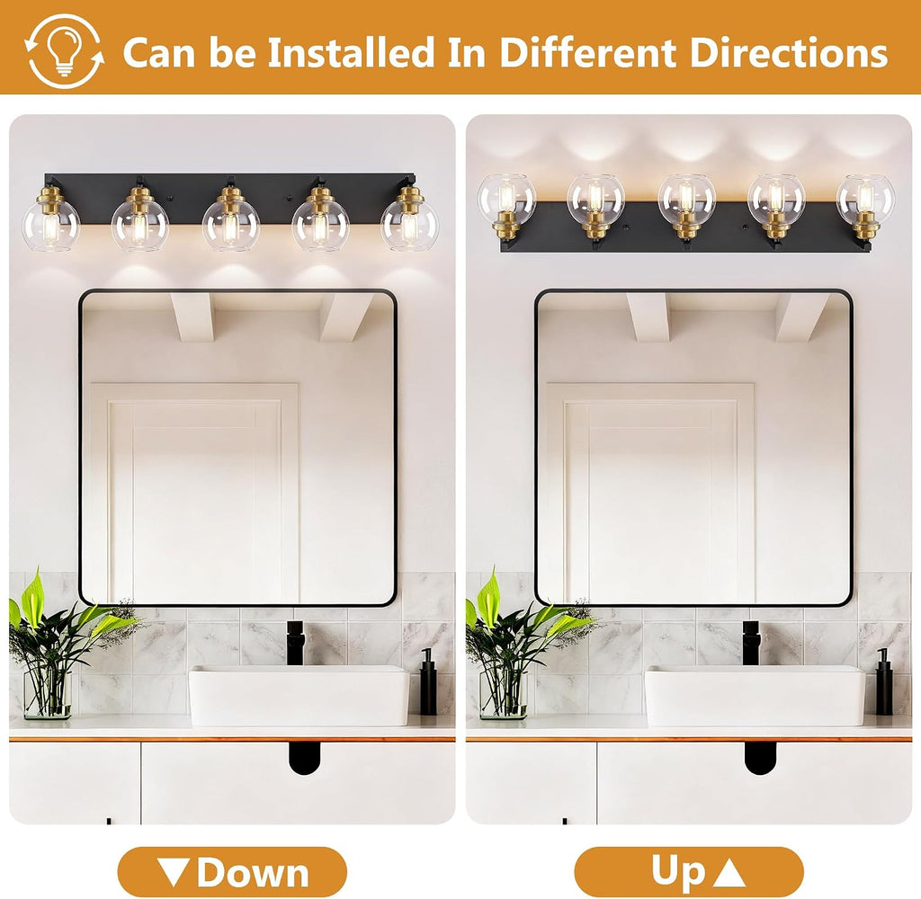 LmnLvn 5-Light Black Gold Vanity Light, Clear Glass | Bathroom light over mirror. Dimmable E26 bulbs (max 60W). Reversible up/down mount. Bedroom/hallway. 2-year warranty.