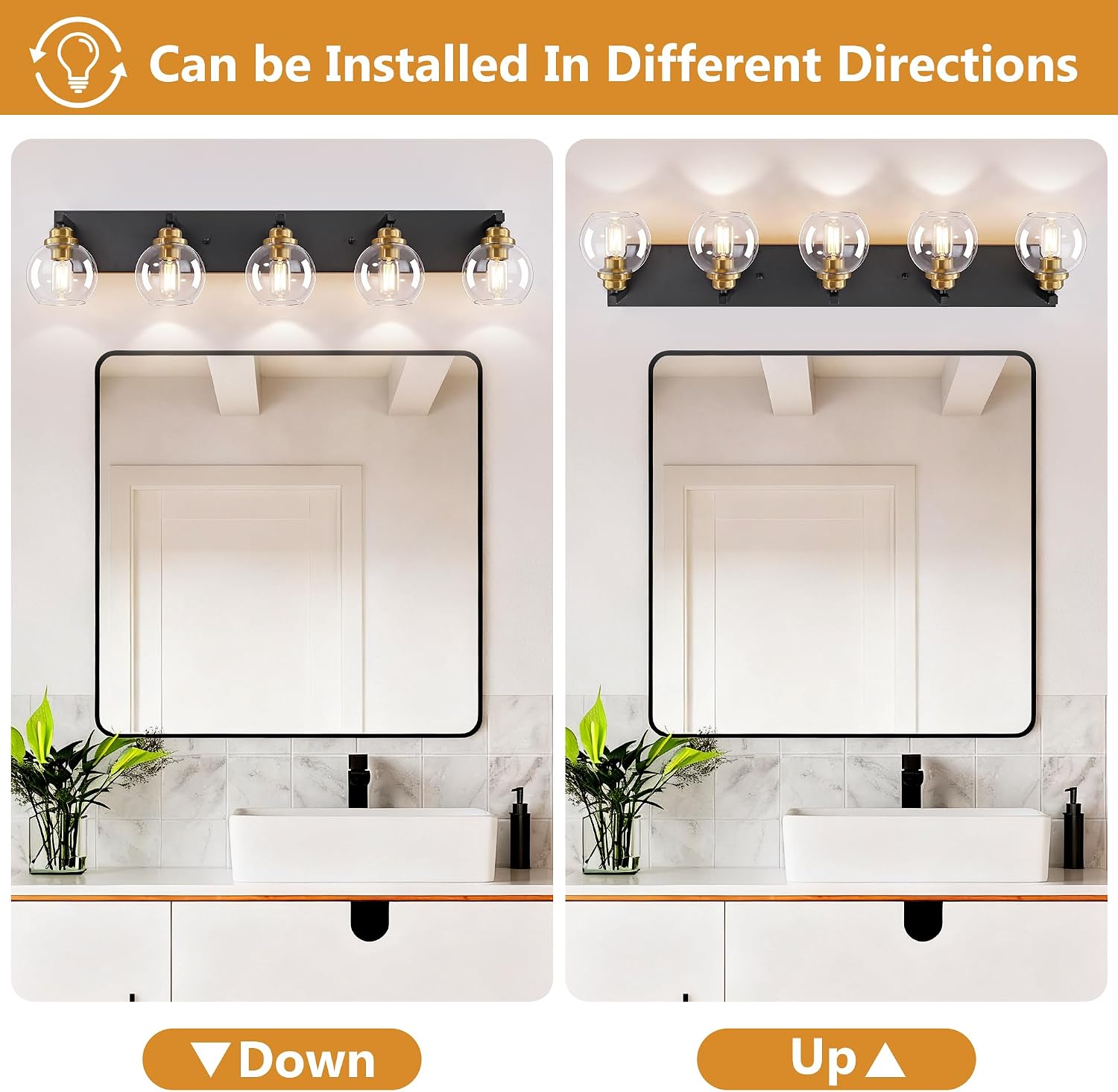 LmnLvn 5-Light Black Gold Vanity Light, Clear Glass | Bathroom light over mirror. Dimmable E26 bulbs (max 60W). Reversible up/down mount. Bedroom/hallway. 2-year warranty.