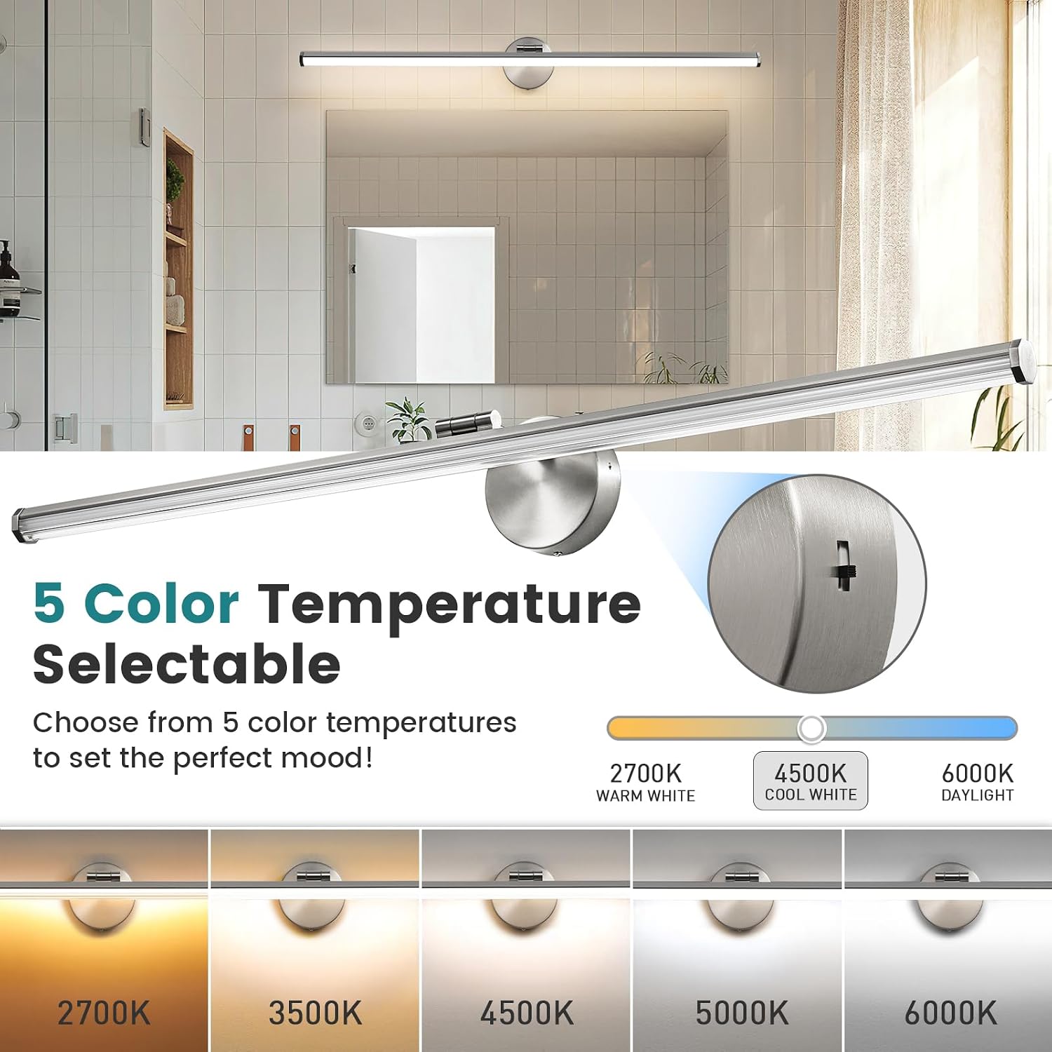 KAISITE Brushed Nickel Modern Bathroom Light - 39 Inch Dimmable 5CCT LED Vanity Light for Restroom
