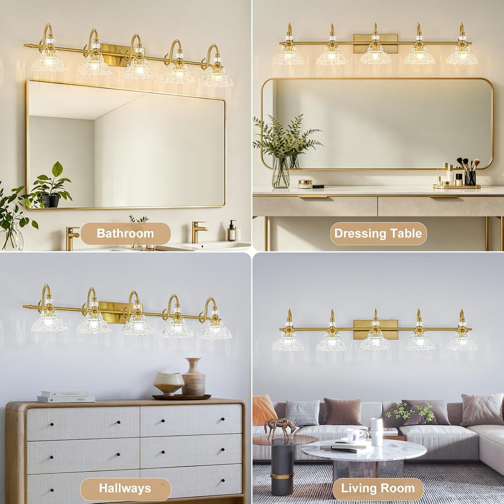 Vintage Bathroom Vanity Light, 5-Light Brushed Gold Finish Wall Sconce with Hanging Crystal Accents and Flower-Shaped Clear Glass Shades, Retro Wall Mount Vanity Light Over Mirror for Bathroom