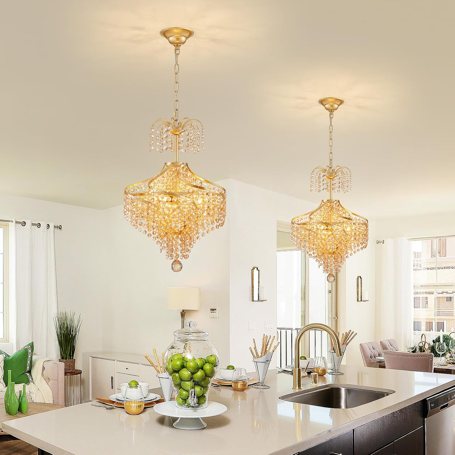 WUZUPS Golden-Hued Crystal Chandelier Pendant Flushmount Ceiling Light Modern Lighting Fixture for Bedroom Hallway Bar Kitchen Bathroom, H 20.1' x W 14.7', Gold, G9 Base