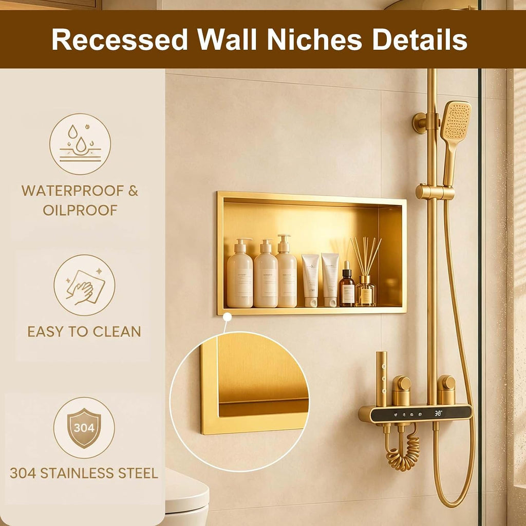 SaniteModar Shower Niche, Stainless Steel Shower Niche No Tile Needed, Recessed for Bathroom Storage (Brushed Gold, 16' x 28')