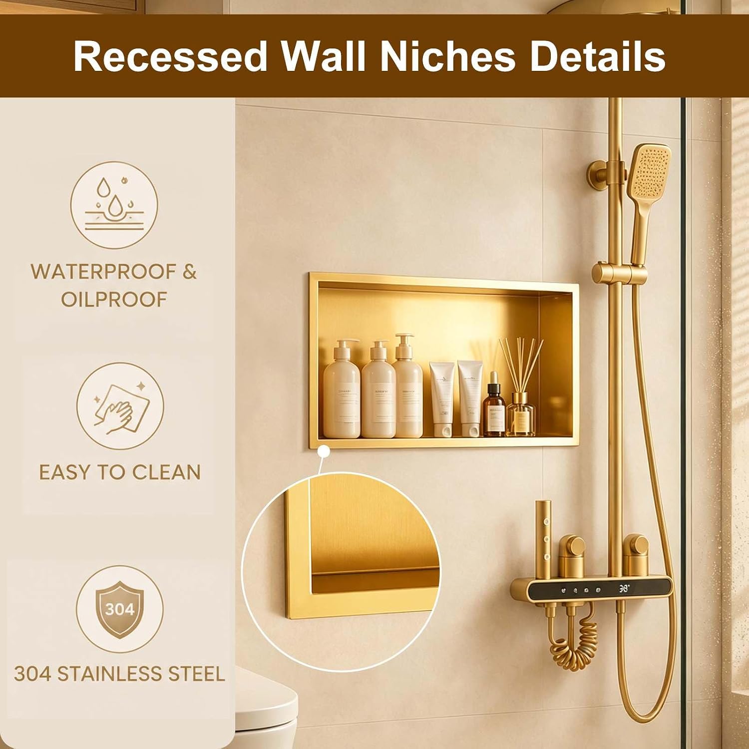 SaniteModar Shower Niche, Stainless Steel Shower Niche No Tile Needed, Recessed for Bathroom Storage (Brushed Gold, 16' x 28')