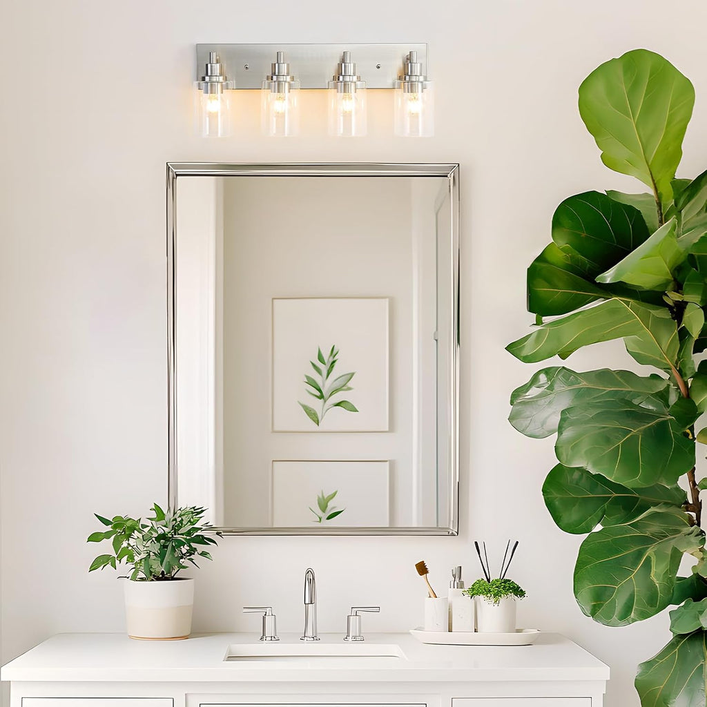 LOUSACE 4 Light Bathroom Vanity Light Brushed Nickel, Bathroom Lighting Fixtures with Clear Glass Shades Over Vanity Mirror, Modern Wall Sconces Fixtures for Bedroom Living Room, E26 Socket