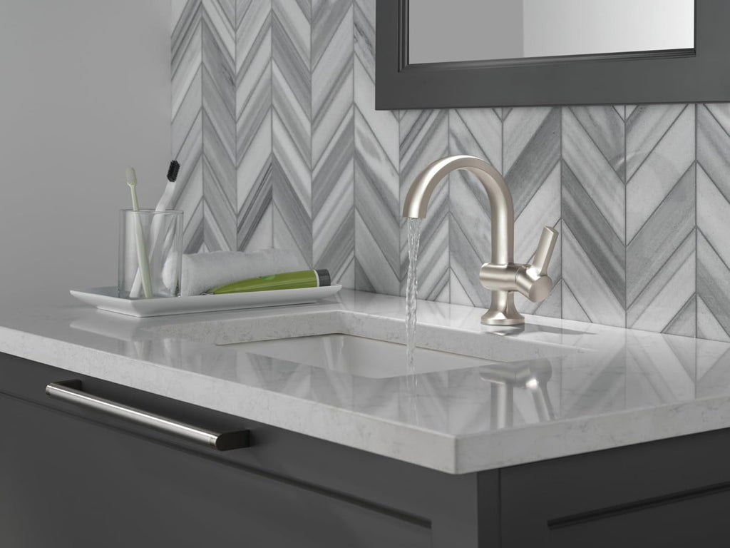 Delta Albion Brushed Nickel Bathroom Faucet 1 Hole, Single Hole Bathroom Sink Faucet for Vanity, Metal Push-Pop Drain Assembly, SpotShield Brushed Nickel 15855LF-SP
