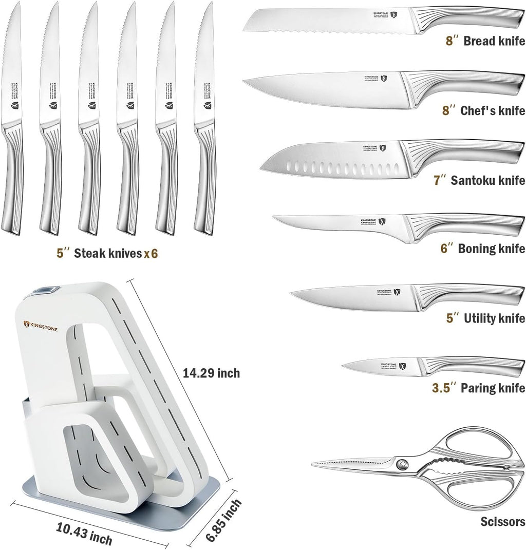 KINGSTONE Kitchen Knife Set with Block,14 Pcs German Stainless Steel Knife Set with Built-in Sharpener, Dishwasher Safe Knife Block Set (White, 14pcs)