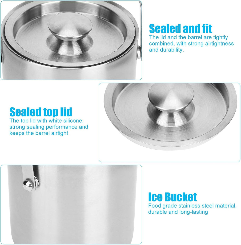 ice Bucket,Bucket with lid, Ice Buckets for Parties Stainless Steel Bucket, Insulated with Lid, with Lid Stainless Steel Double Layer Champagne Barrel Bar Supplies 2L
