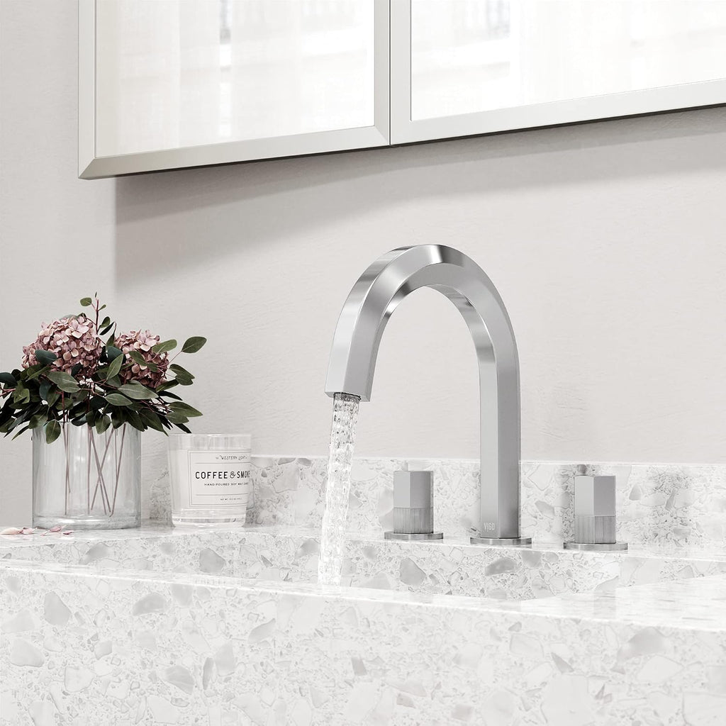 VIGO Hart Two-Handle Three-Hole Mount Widespread Bathroom Sink Faucet, 9-Inch, Chrome, Modern Design, Solid Brass, 1.2 GPM WaterSense & Ceramic Disc Valve, Corrosion-Resistant
